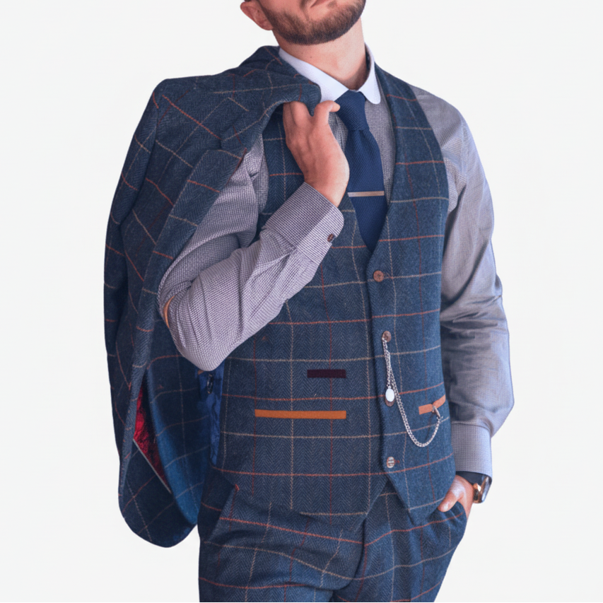 ceehuteey Men's Fashion 3 piece Plaid Blue Peak Lapel Double Breasted Multiple Occasions suit (Blazer+vest+Pants)