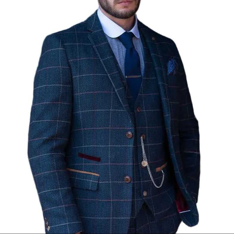 ceehuteey Men's Fashion 3 piece Plaid Blue Peak Lapel Double Breasted Multiple Occasions suit (Blazer+vest+Pants)