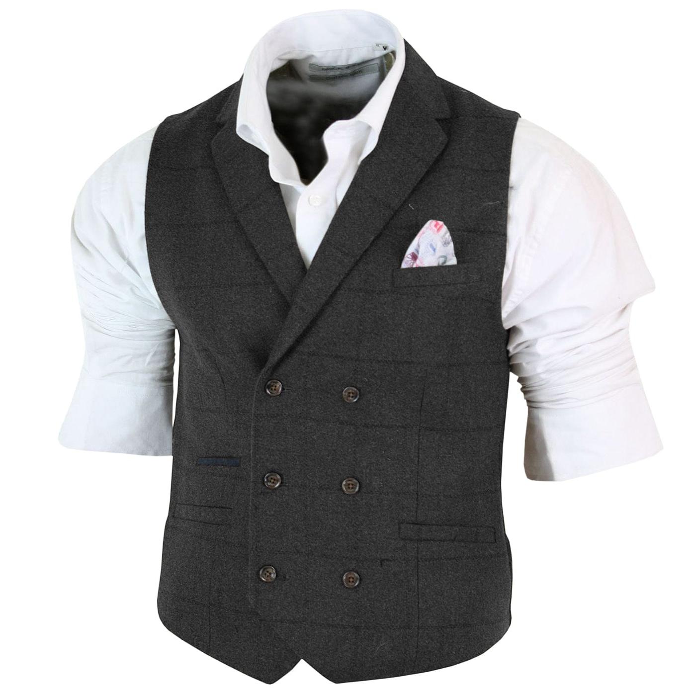 ceehuteey Men's Fashion Double Breasted Herringbone Notch Lapel Waistcoat