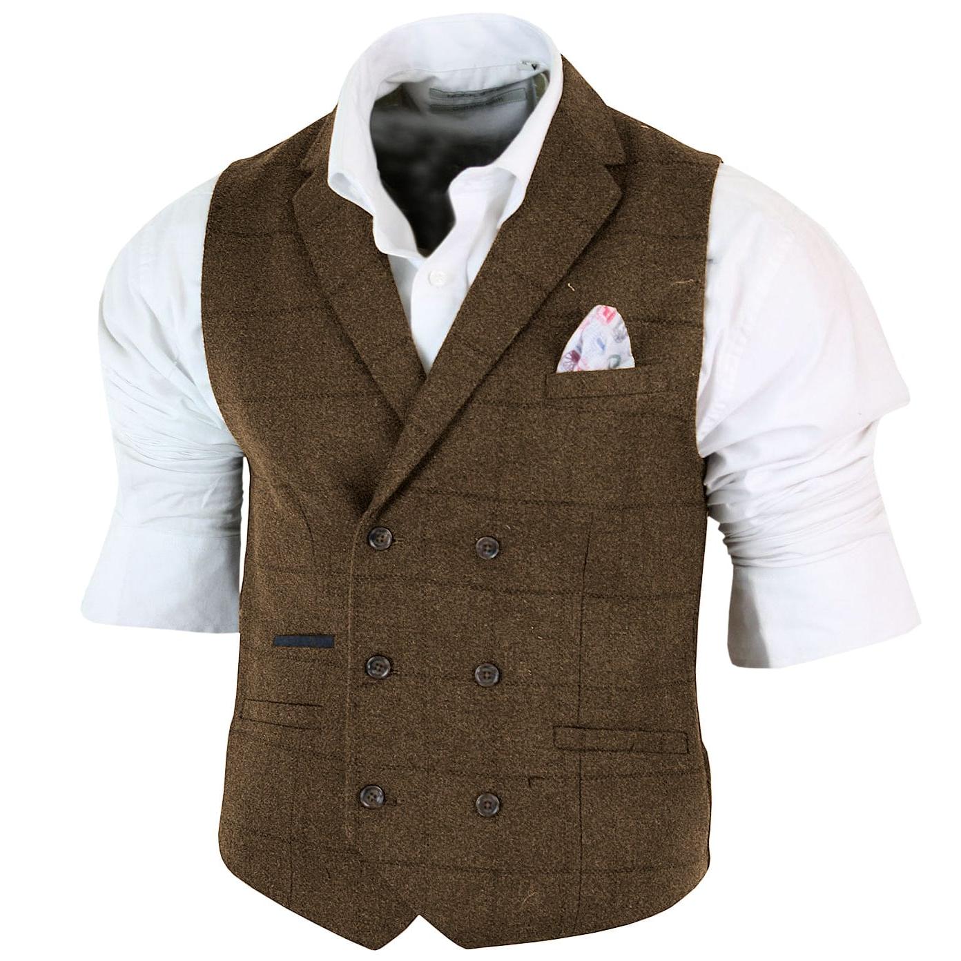 ceehuteey Men's Fashion Double Breasted Herringbone Notch Lapel Waistcoat