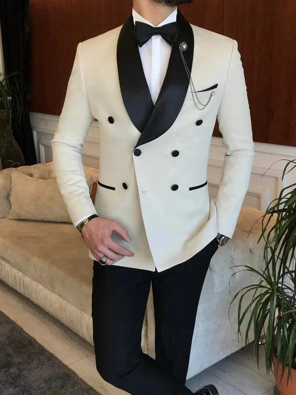 ceehuteey Men's Fashion Prom Style Double Breasted Shawl Lapel 2 Pieces Suit (Blazer+Pants)