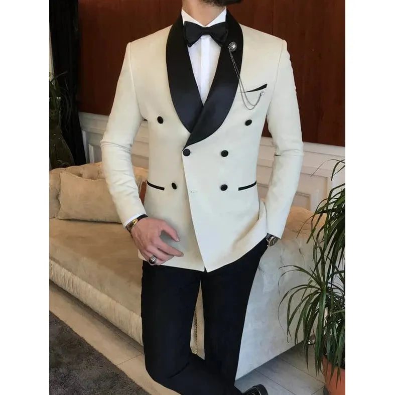 ceehuteey Men's Fashion Prom Style Double Breasted Shawl Lapel 2 Pieces Suit (Blazer+Pants)