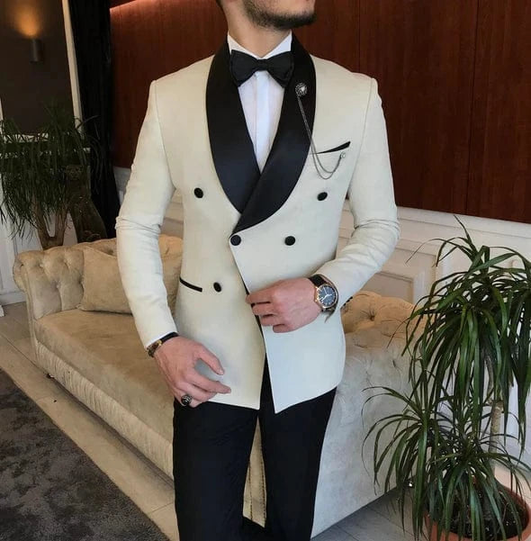 ceehuteey Men's Fashion Prom Style Double Breasted Shawl Lapel 2 Pieces Suit (Blazer+Pants)