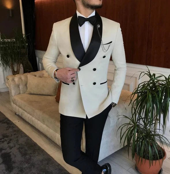 ceehuteey Men's Fashion Prom Style Double Breasted Shawl Lapel 2 Pieces Suit (Blazer+Pants)