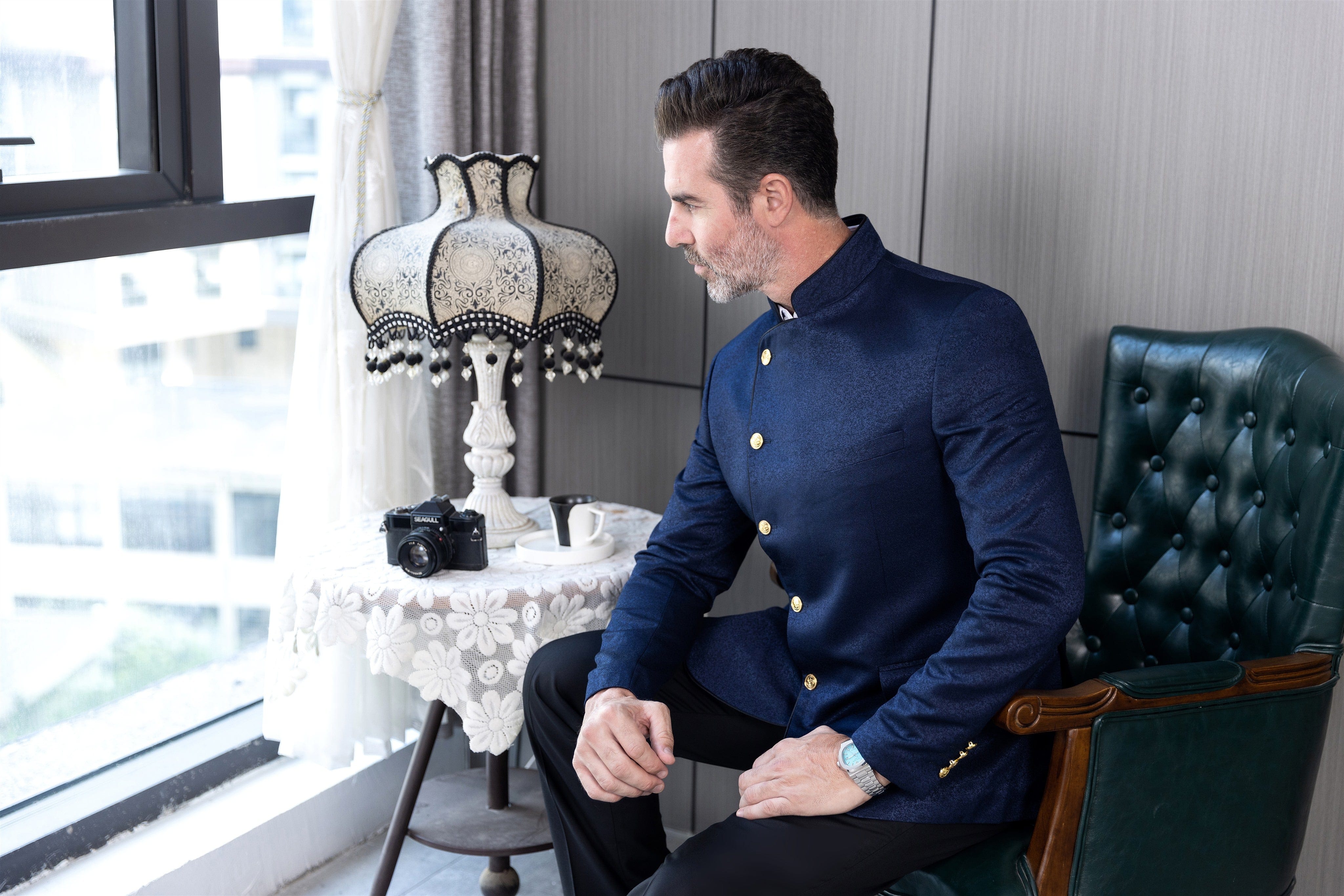 ceehuteey Men's Fashion Stand Collar Oblique buckle Suit Blazer