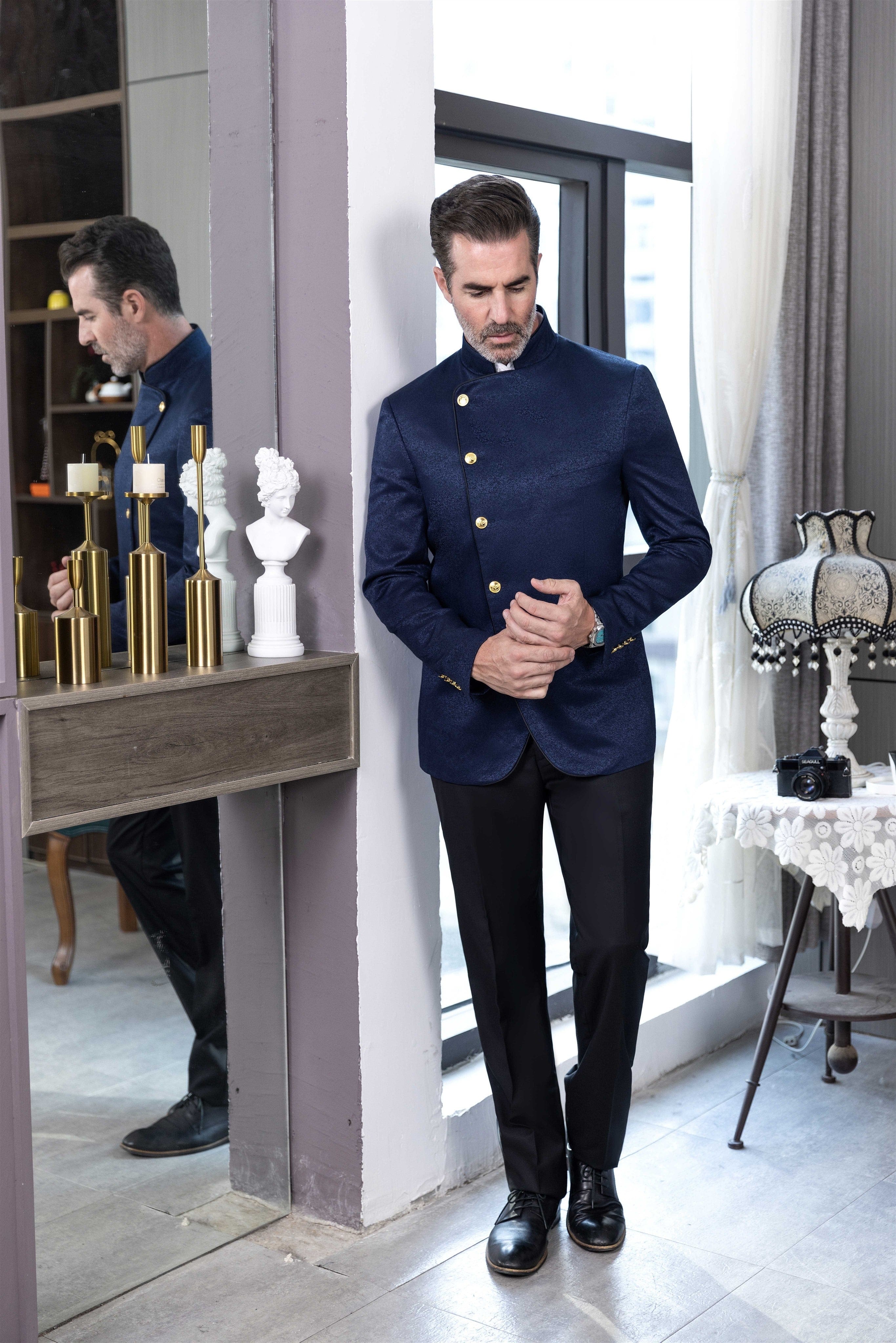 ceehuteey Men's Fashion Stand Collar Oblique buckle Suit Blazer