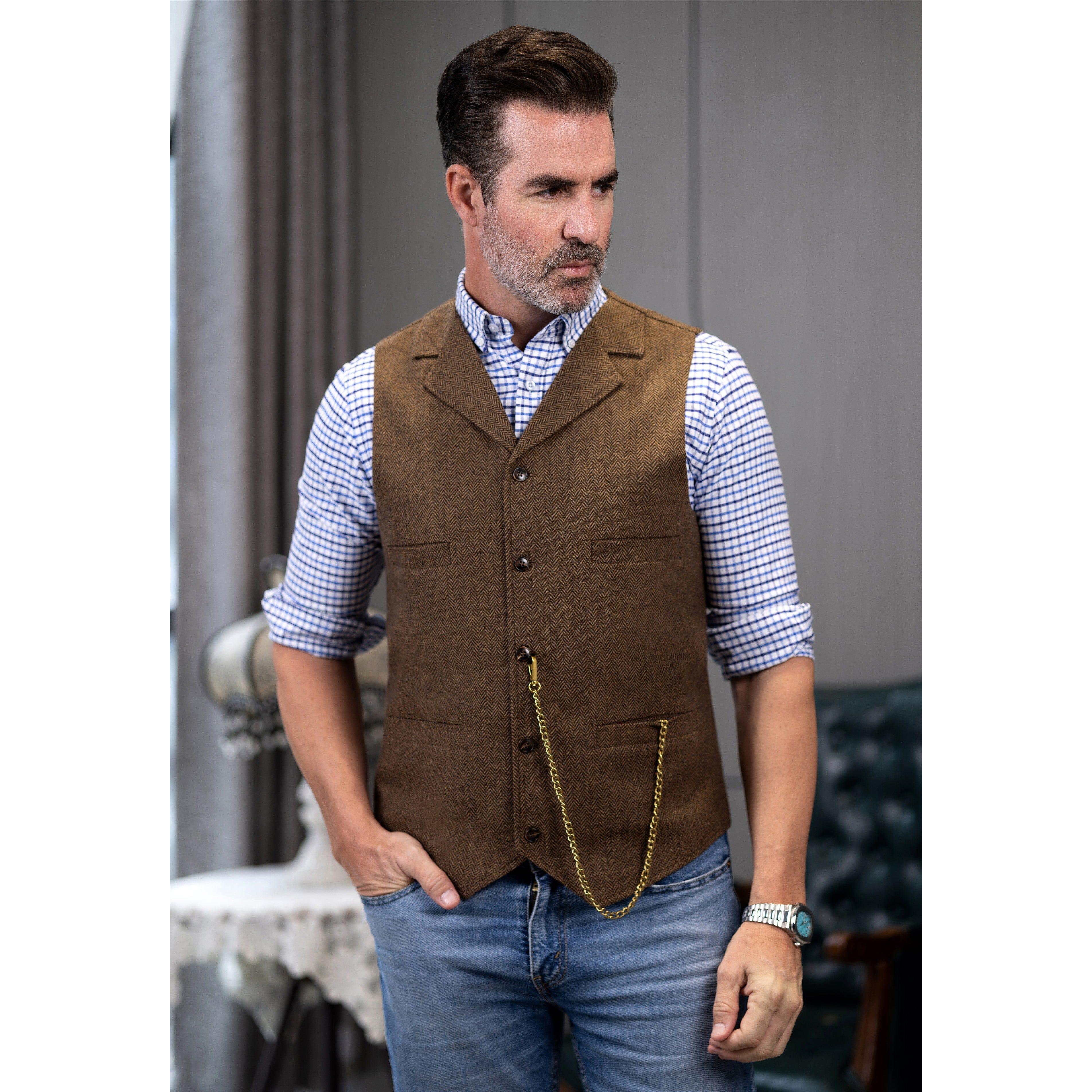 ceehuteey Men's Fashion Suit Vest Herringbone Notch Lapel Waistcoat