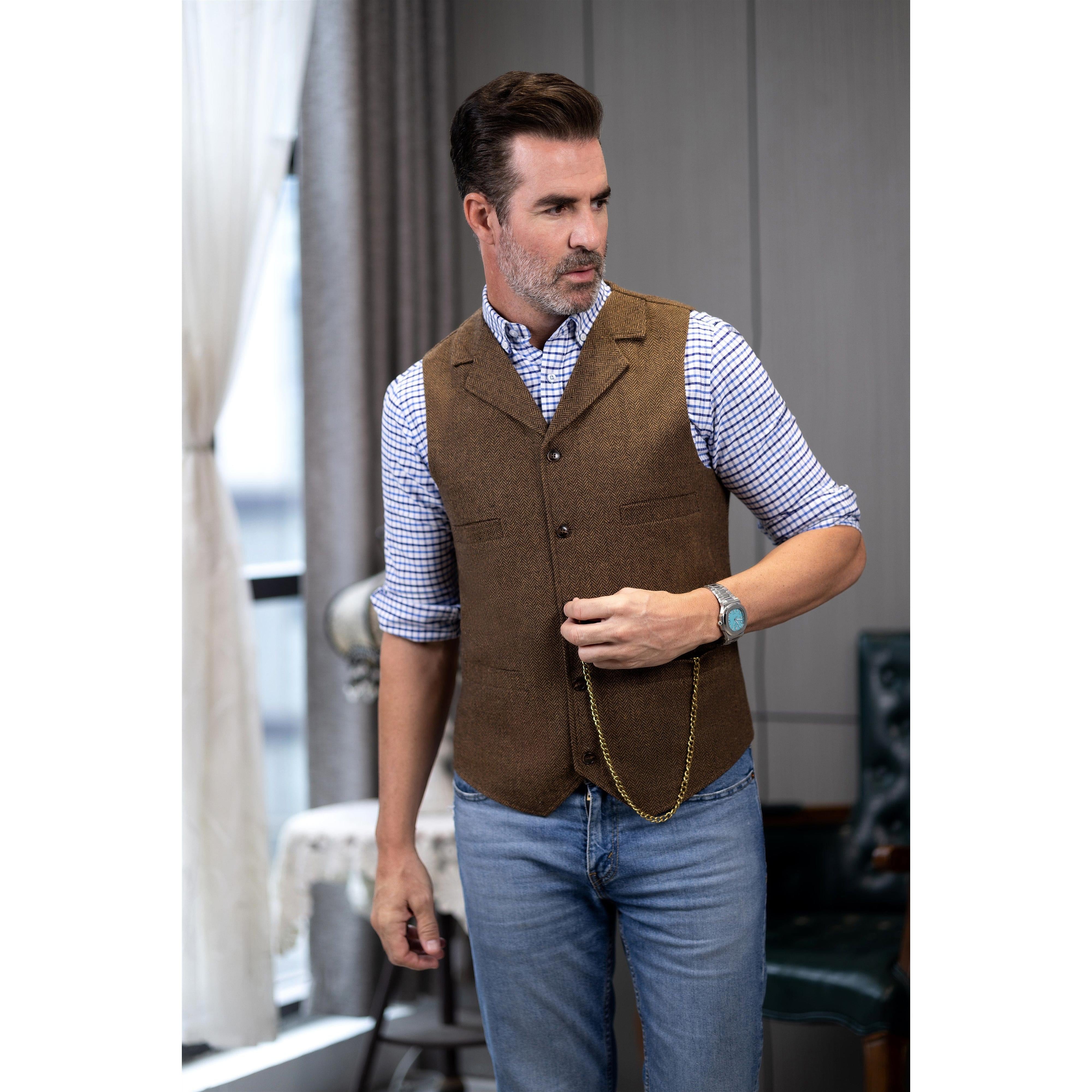 ceehuteey Men's Fashion Suit Vest Herringbone Notch Lapel Waistcoat