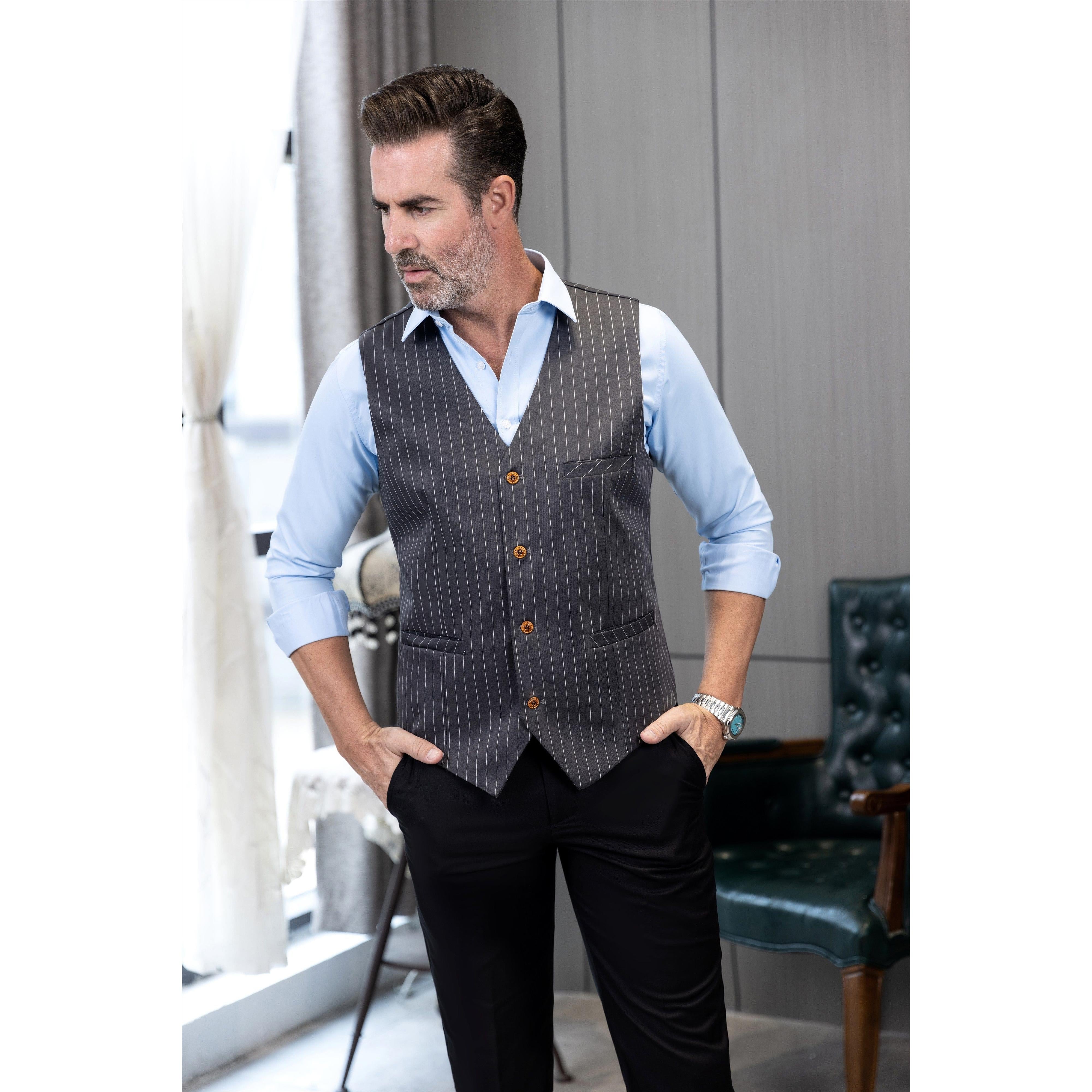 ceehuteey Men's Fashion V Neck Striped Flat Waistcoat For Wedding Party