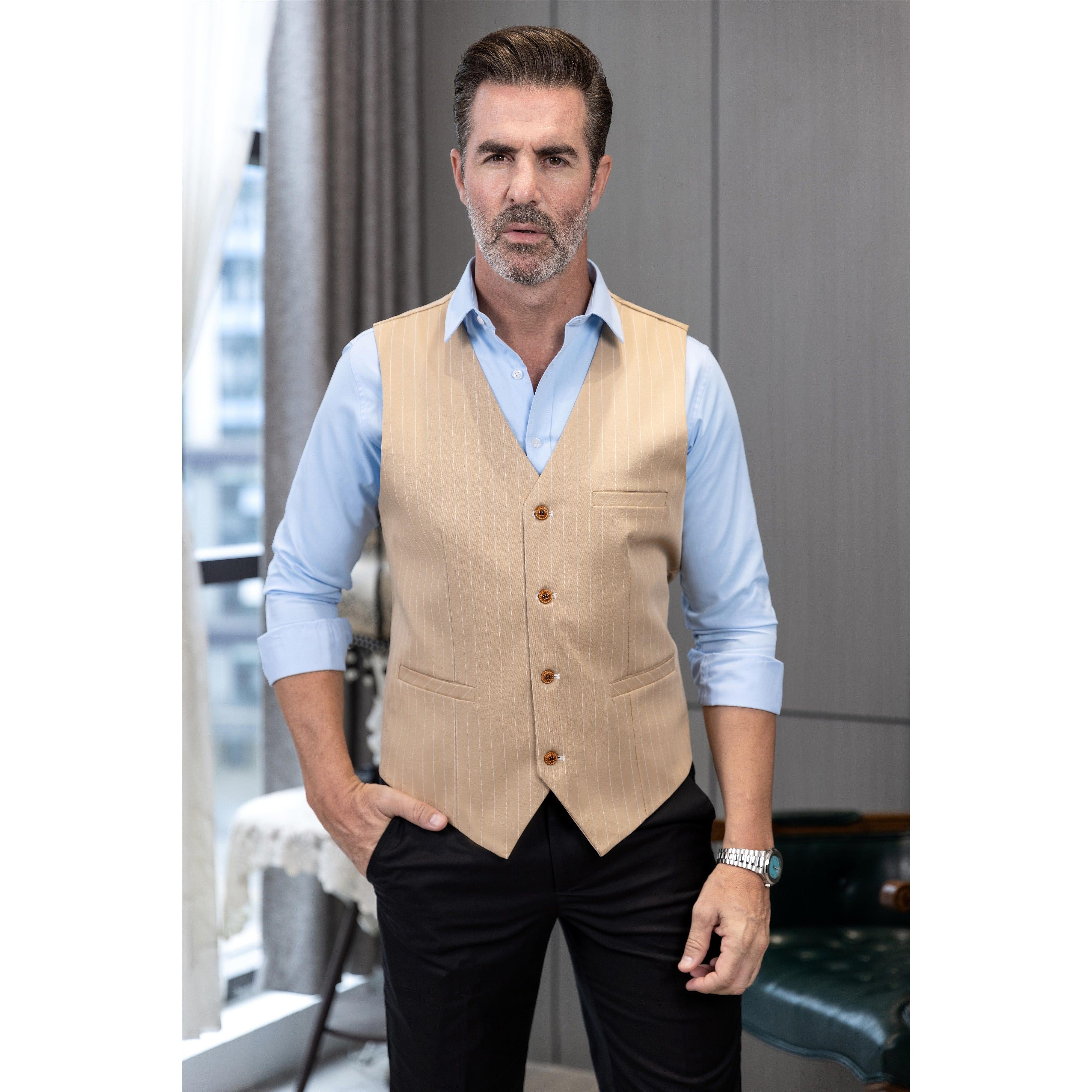 ceehuteey Men's Fashion V Neck Striped Flat Waistcoat For Wedding Party