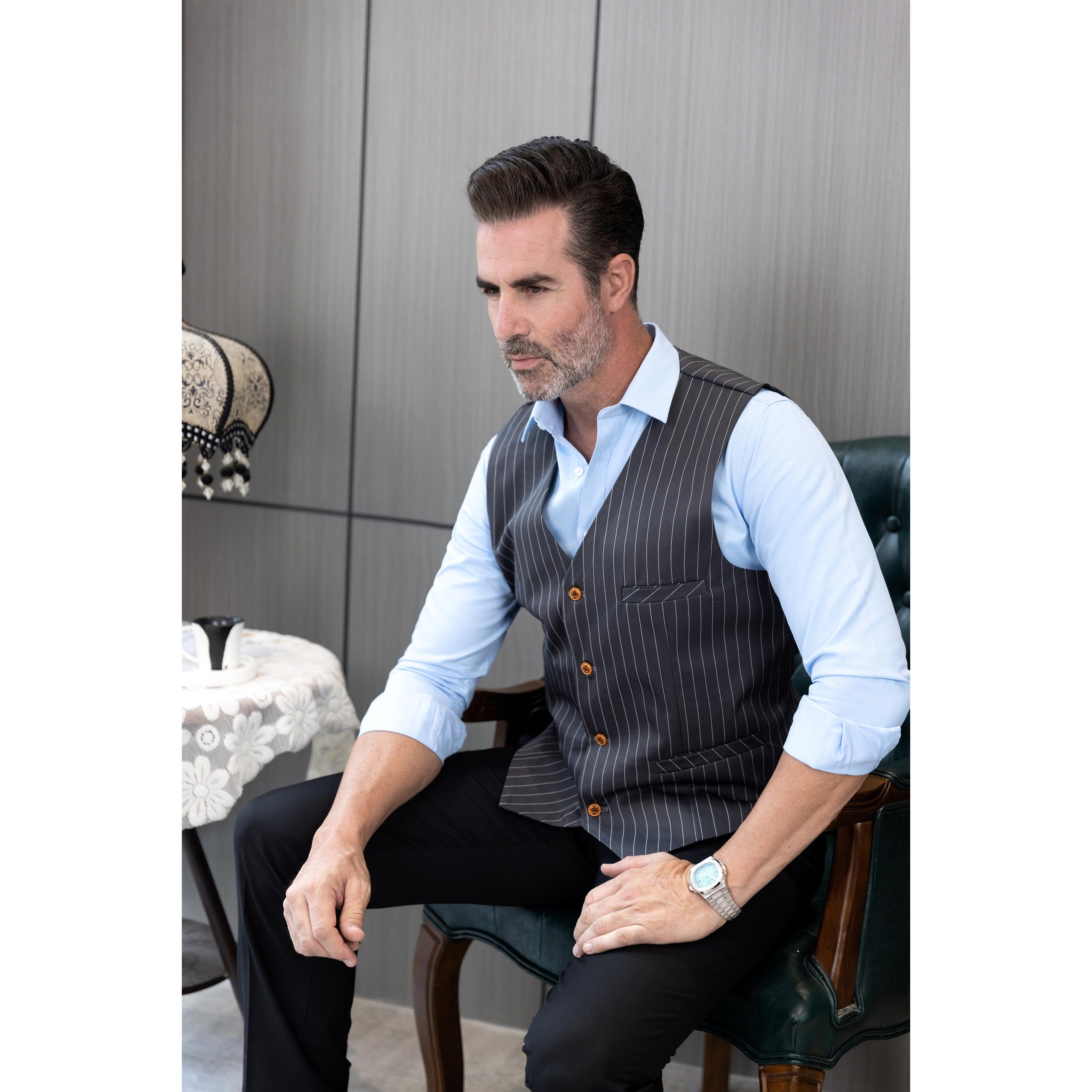 ceehuteey Men's Fashion V Neck Striped Flat Waistcoat For Wedding Party