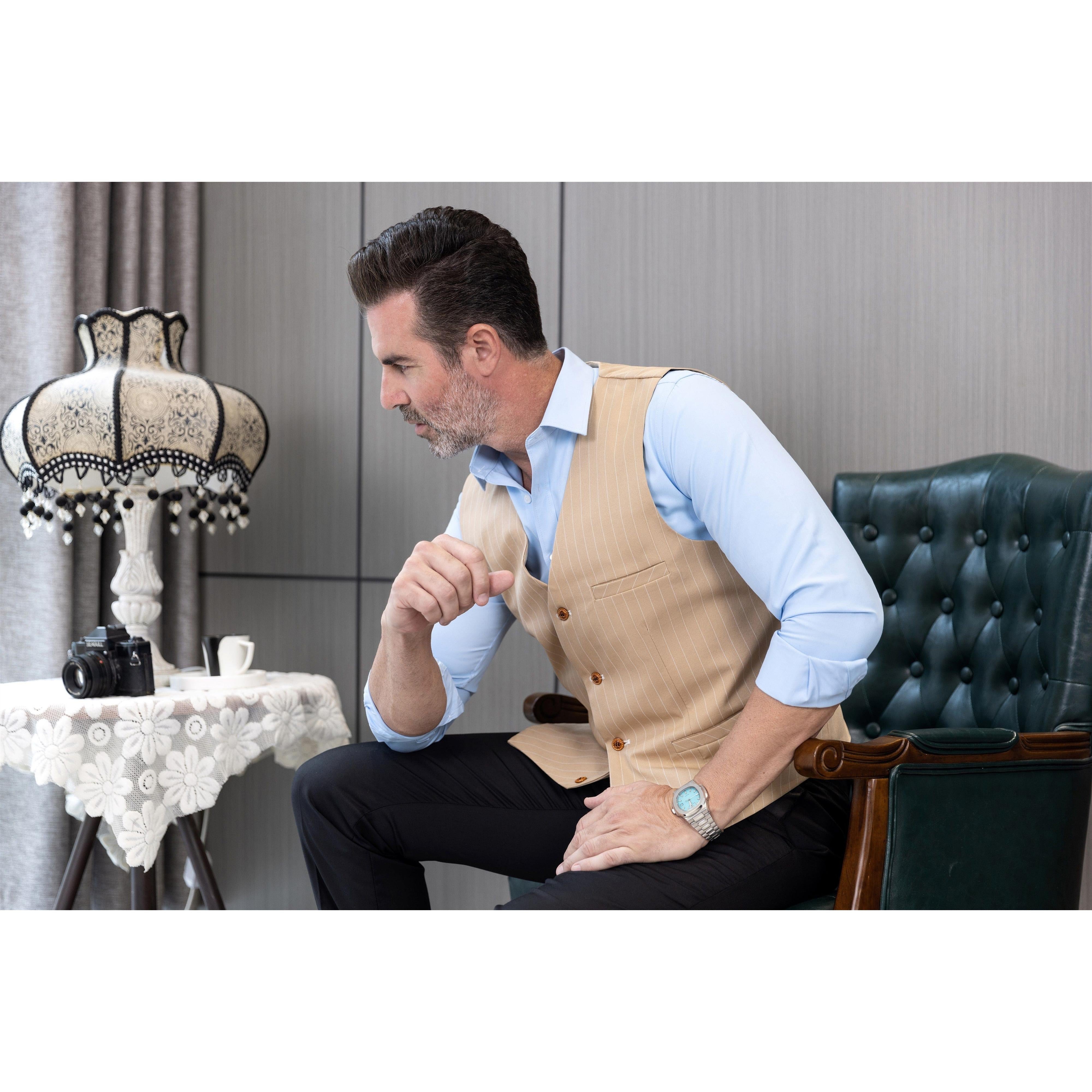 ceehuteey Men's Fashion V Neck Striped Flat Waistcoat For Wedding Party
