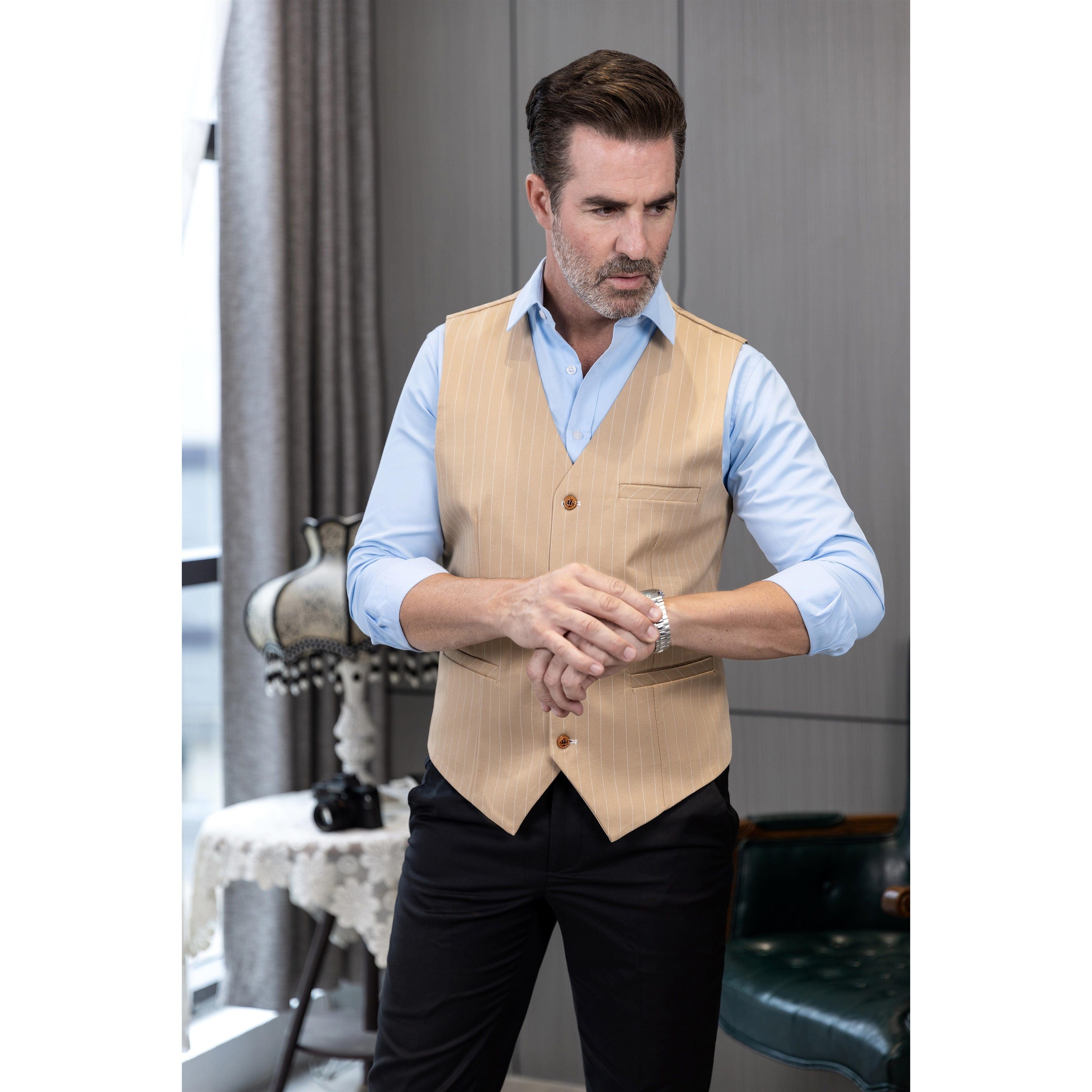 ceehuteey Men's Fashion V Neck Striped Flat Waistcoat For Wedding Party