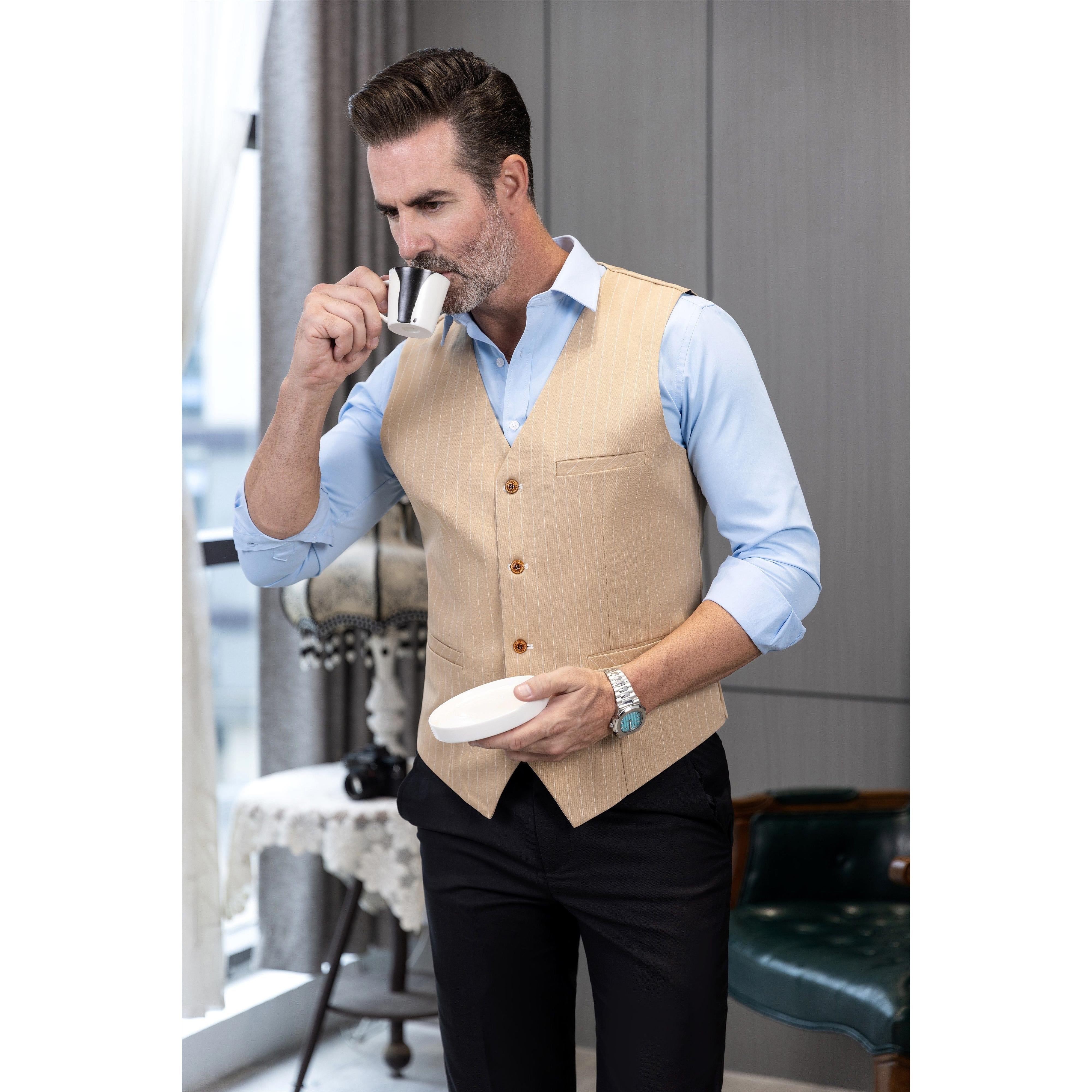 ceehuteey Men's Fashion V Neck Striped Flat Waistcoat For Wedding Party