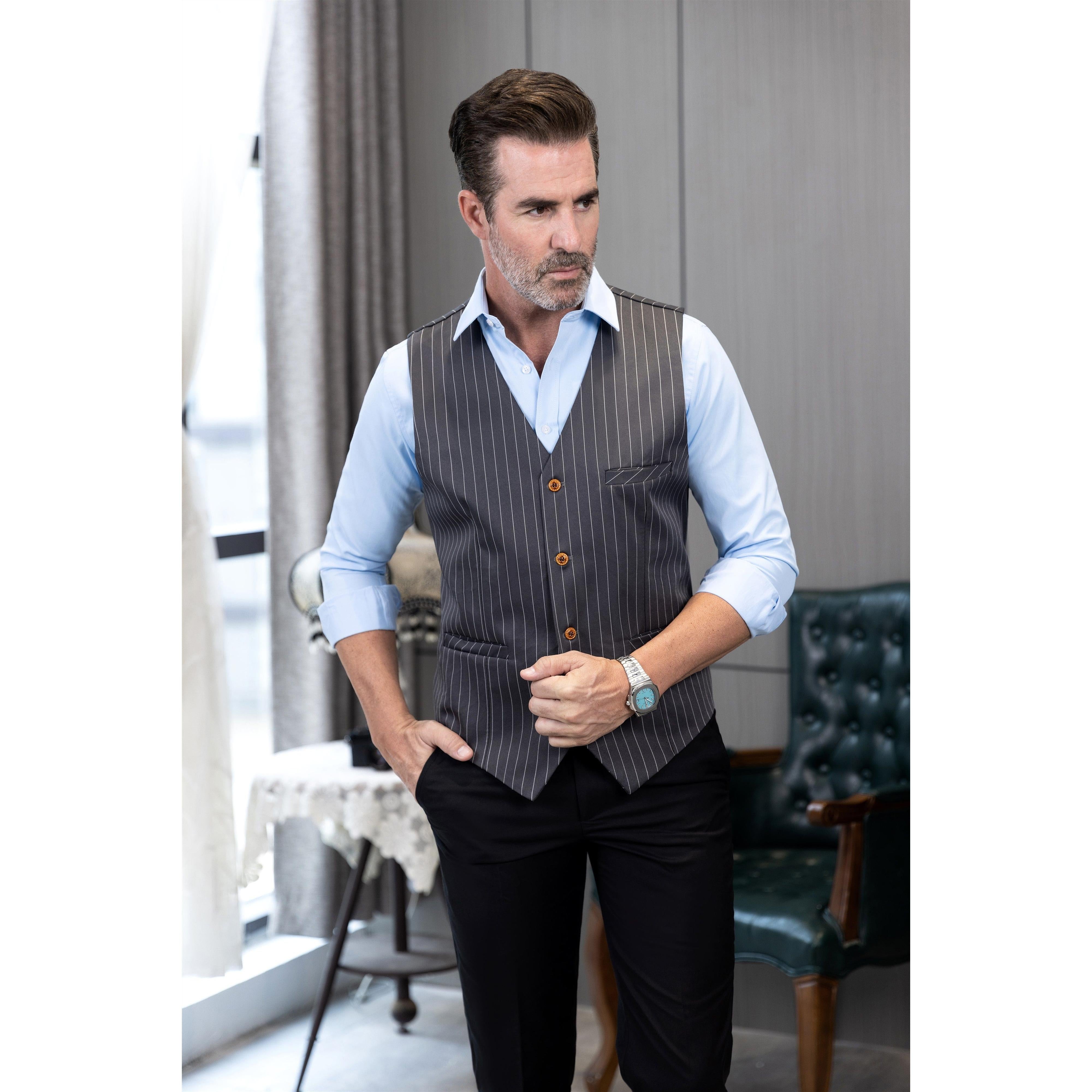 ceehuteey Men's Fashion V Neck Striped Flat Waistcoat For Wedding Party