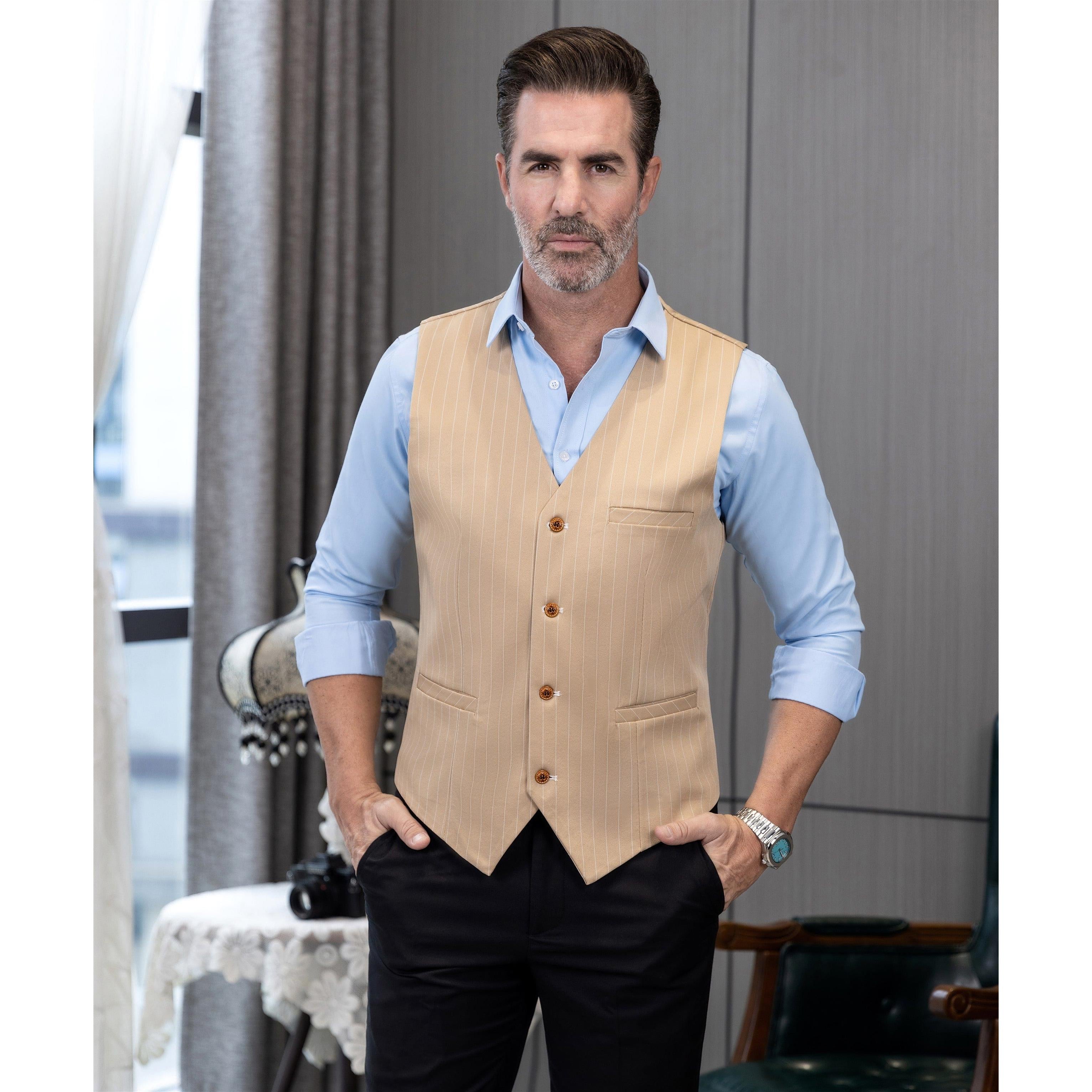 ceehuteey Men's Fashion V Neck Striped Flat Waistcoat For Wedding Party
