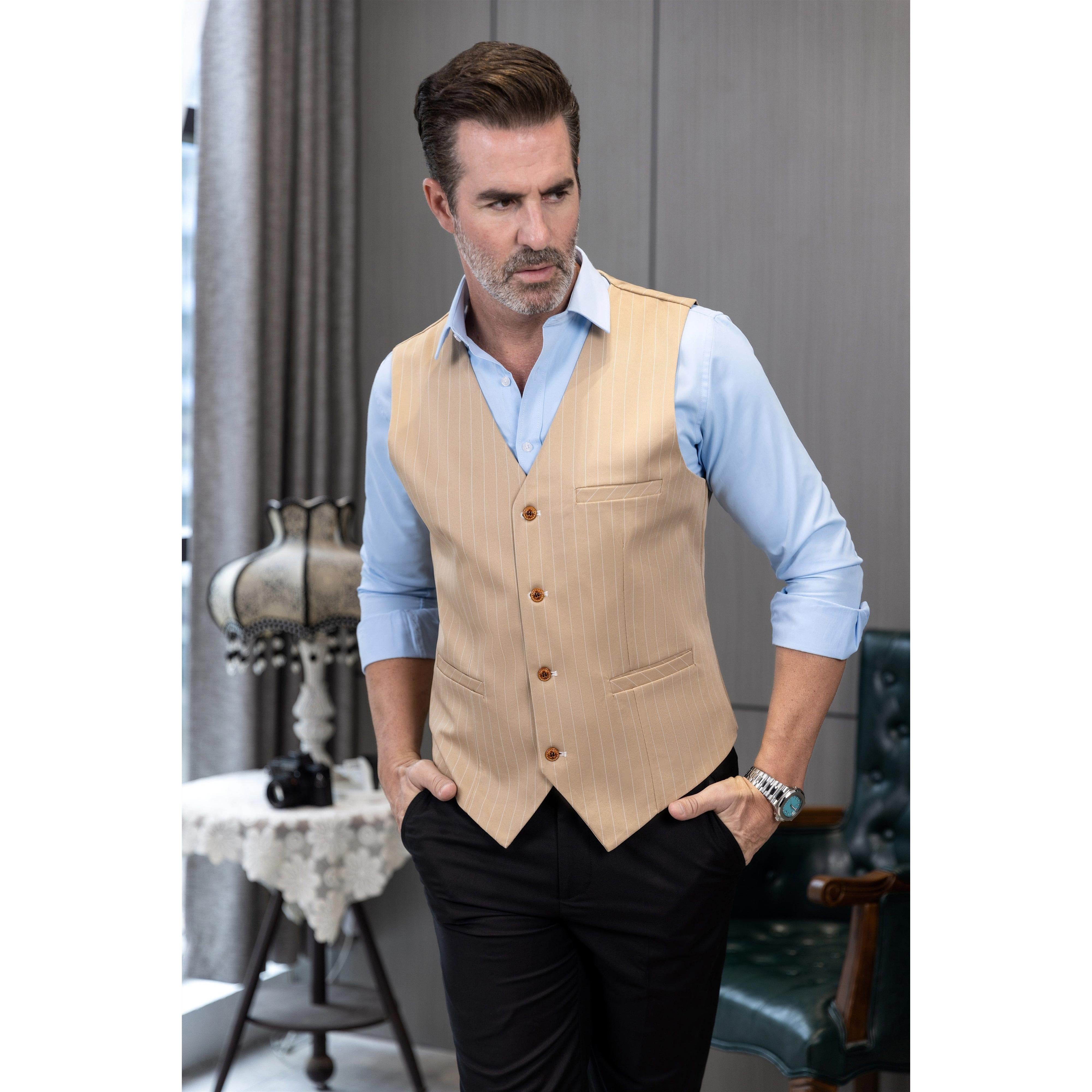 ceehuteey Men's Fashion V Neck Striped Flat Waistcoat For Wedding Party