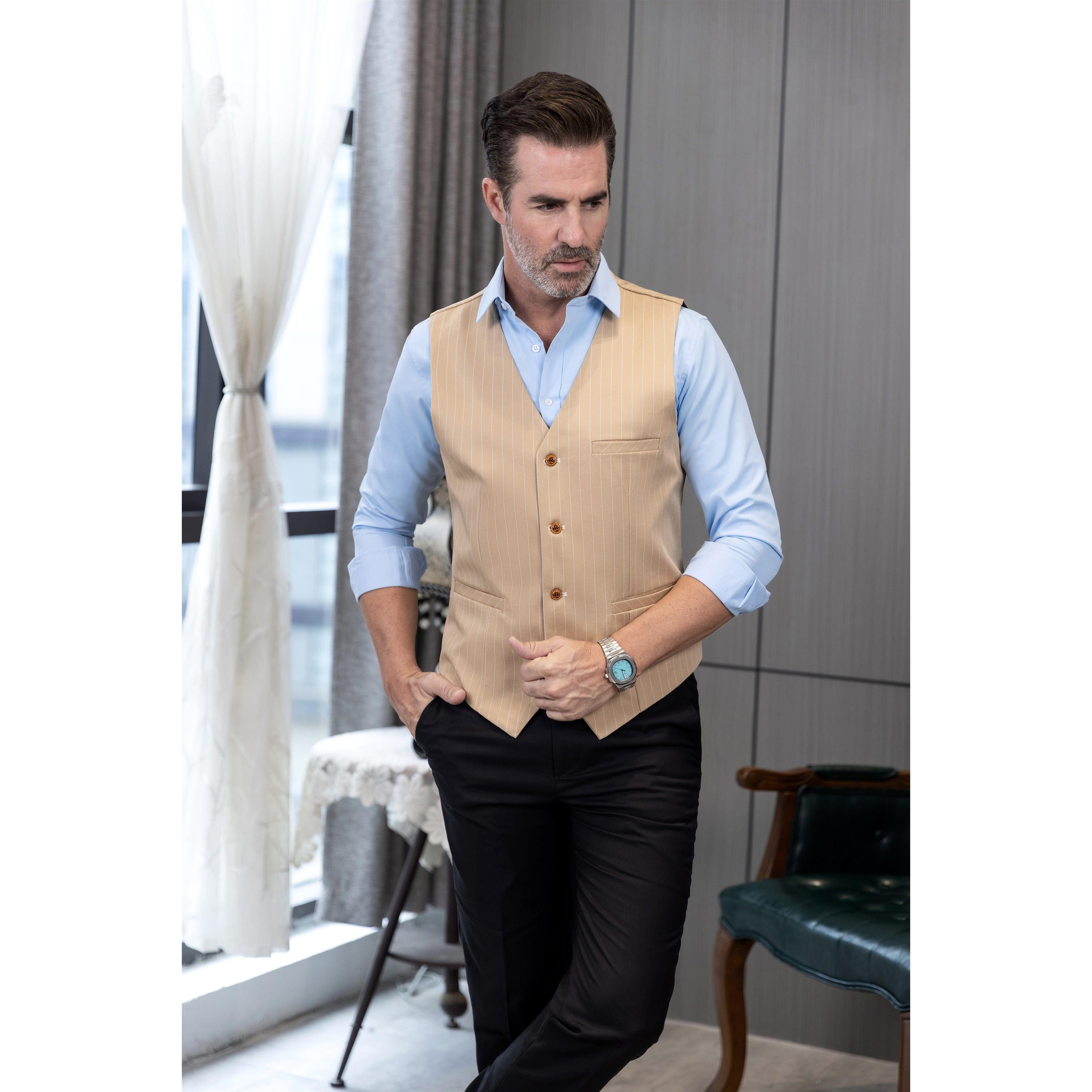 ceehuteey Men's Fashion V Neck Striped Flat Waistcoat For Wedding Party