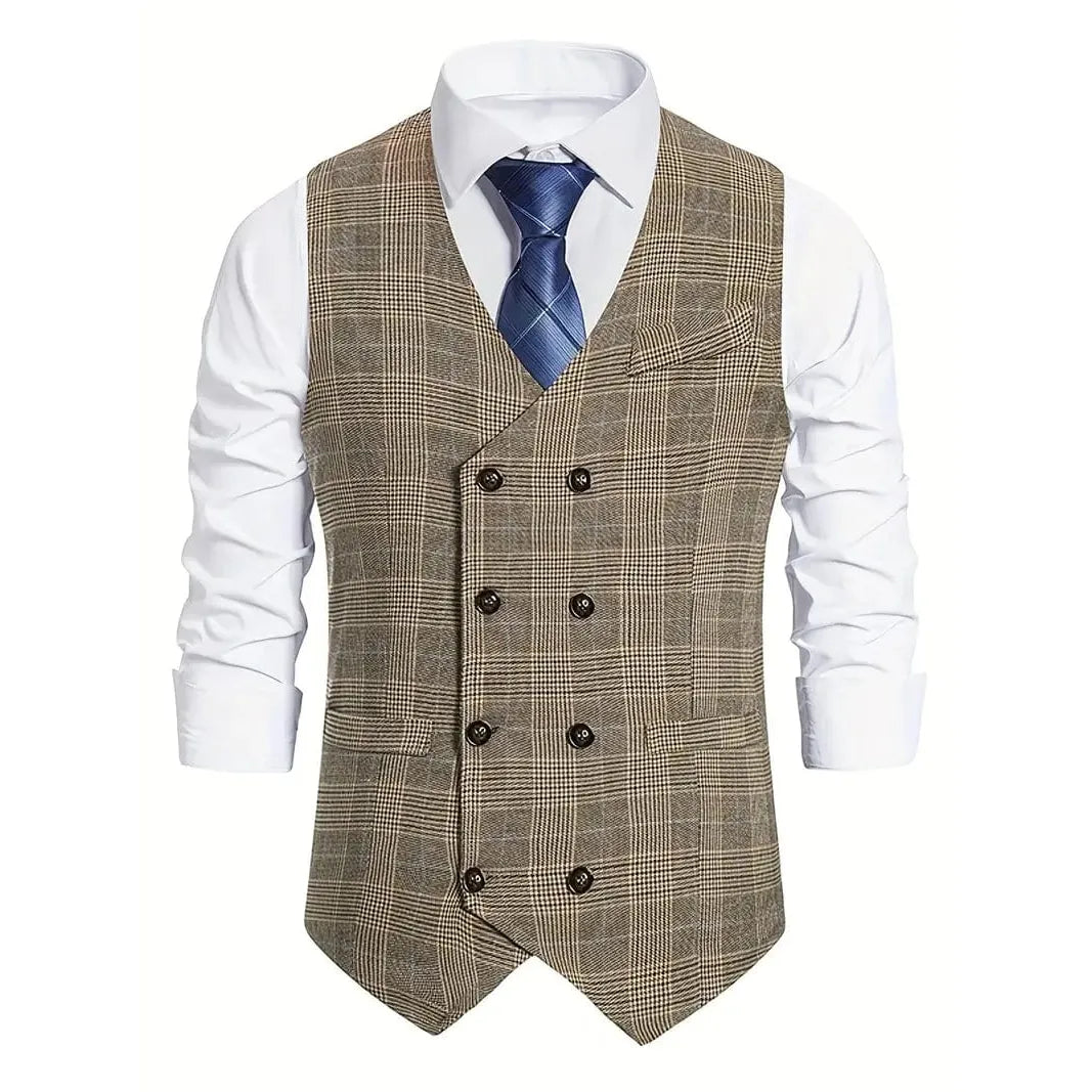 ceehuteey Men's Formal Double Breasted Plaid V Neck Waistcoat