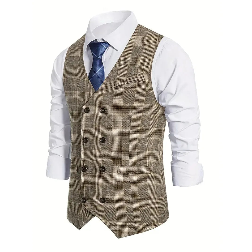ceehuteey Men's Formal Double Breasted Plaid V Neck Waistcoat