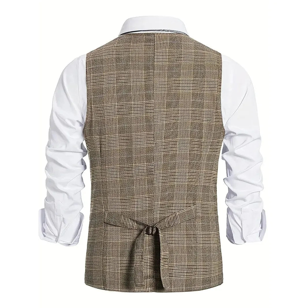 ceehuteey Men's Formal Double Breasted Plaid V Neck Waistcoat