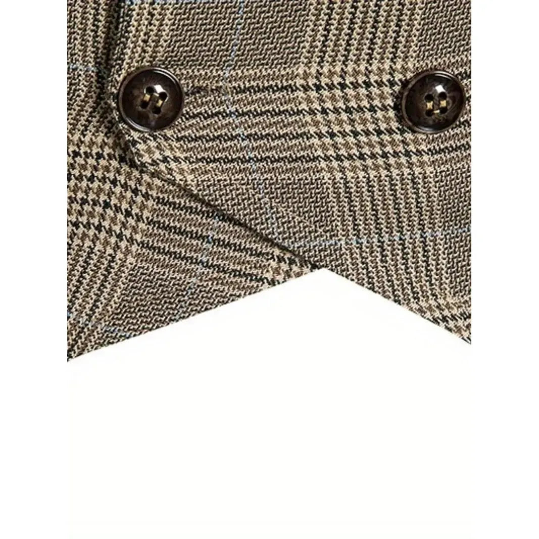 ceehuteey Men's Formal Double Breasted Plaid V Neck Waistcoat