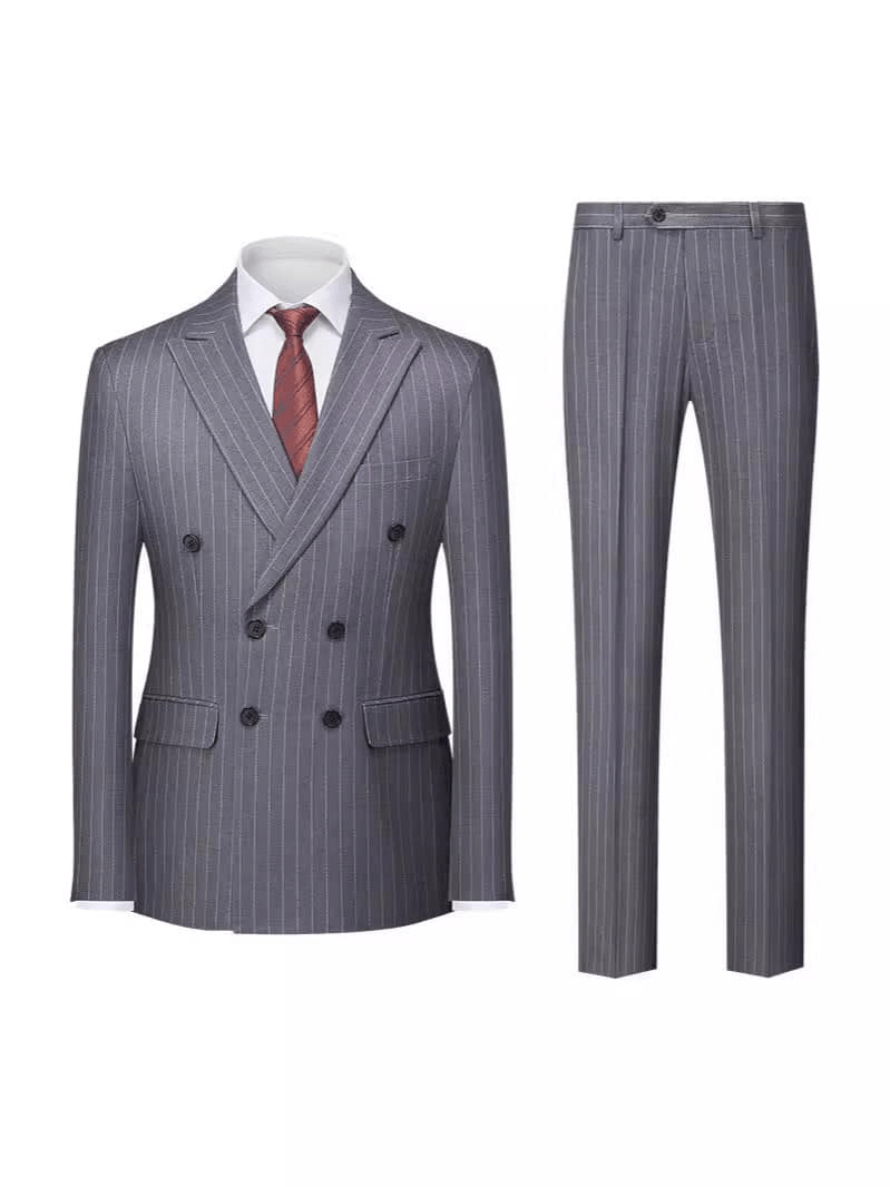 ceehuteey Men's Formal Striped 2 Pieces Double Breasted Peak Lapel Suit Tuxedos (Blazer+Pants)