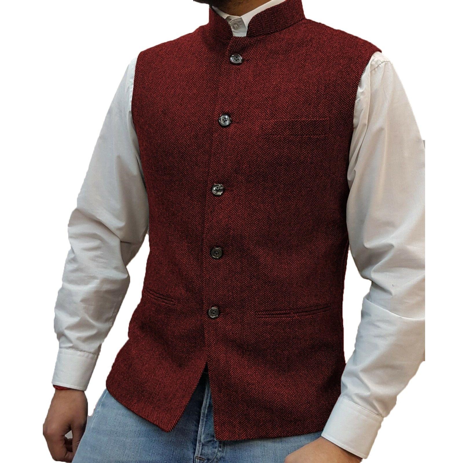 ceehuteey Men's Herringbone Stand Collar Formal Waistcoat