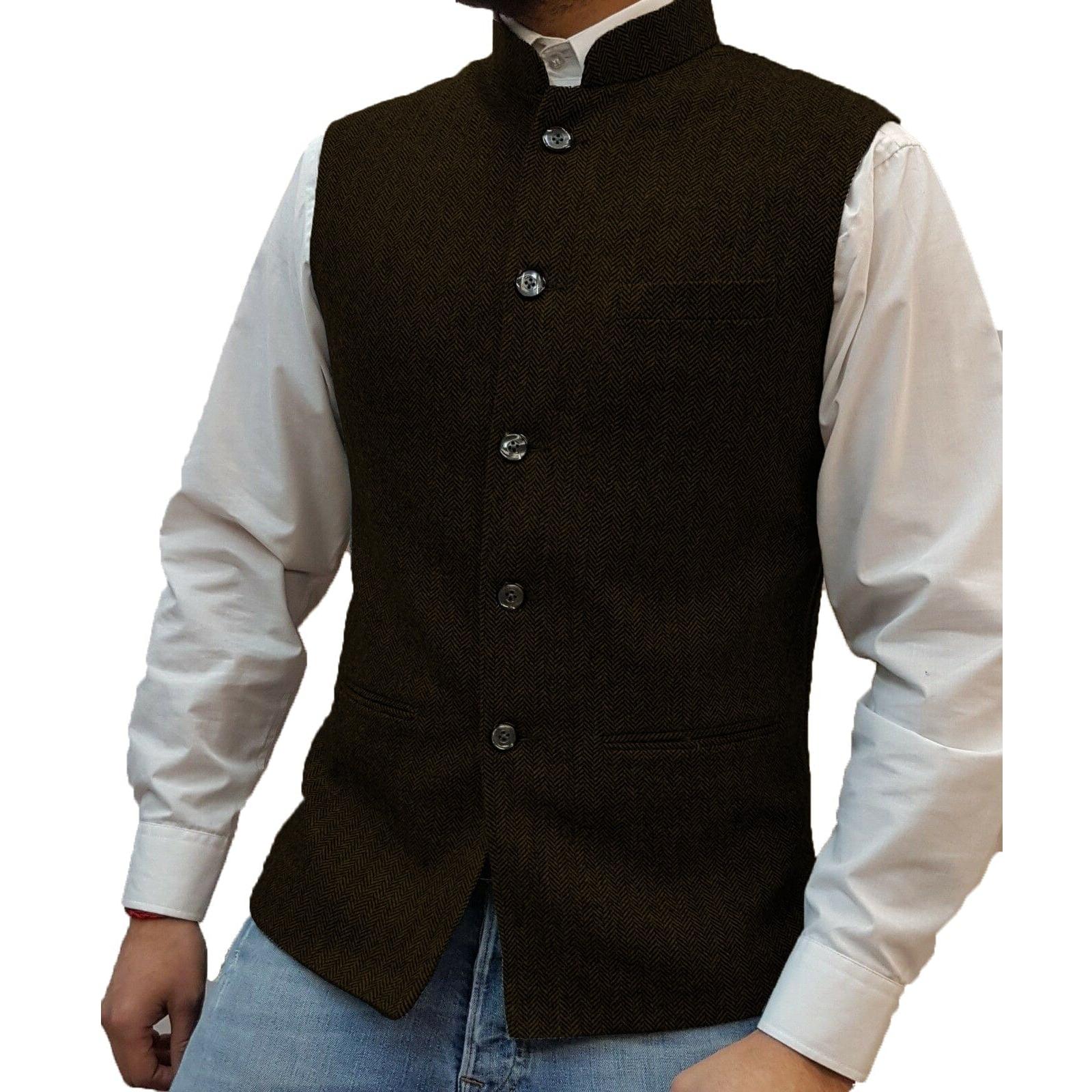 ceehuteey Men's Herringbone Stand Collar Formal Waistcoat