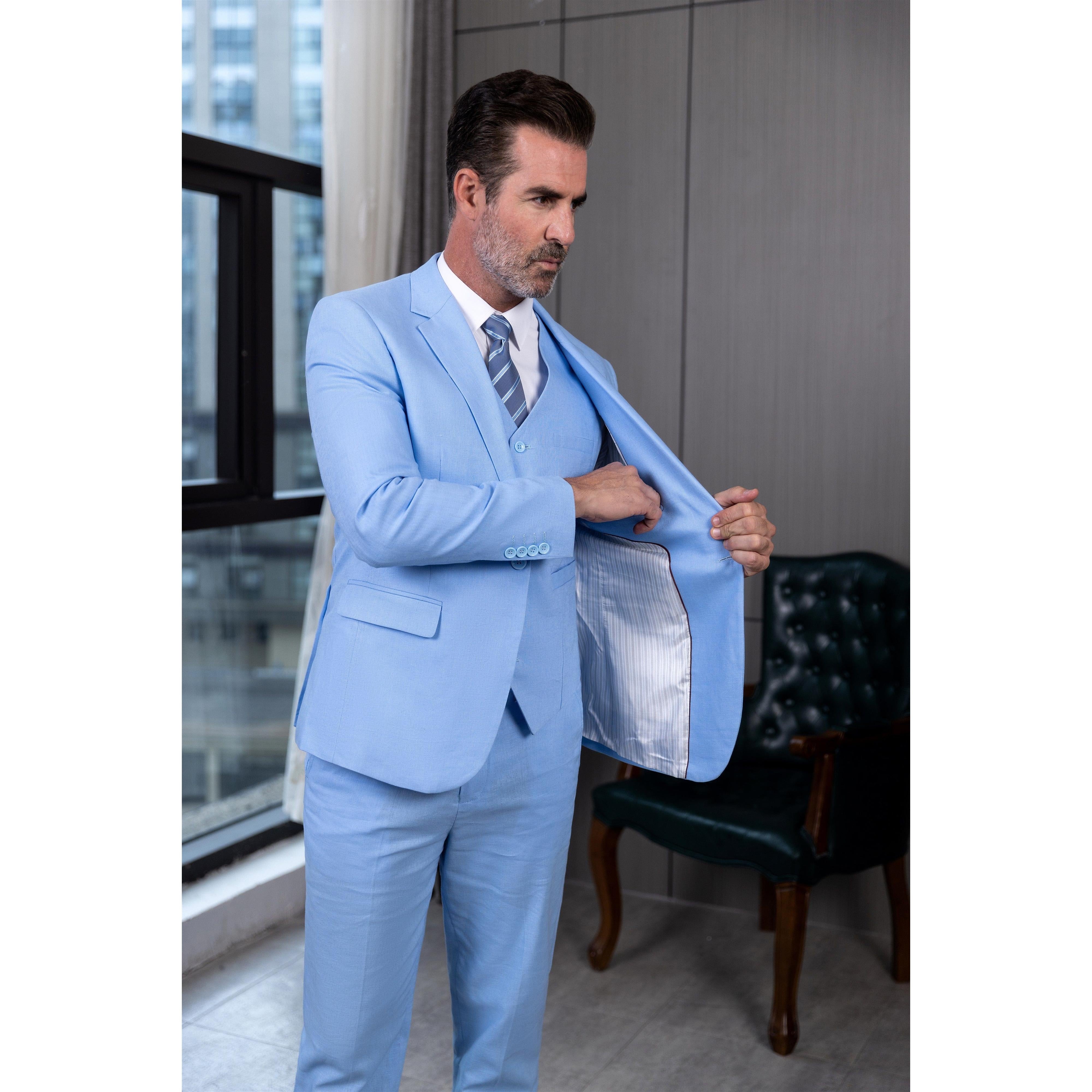 ceehuteey Men's Linen 3 Pieces Regular Fit Notch Lapel Mens Suit