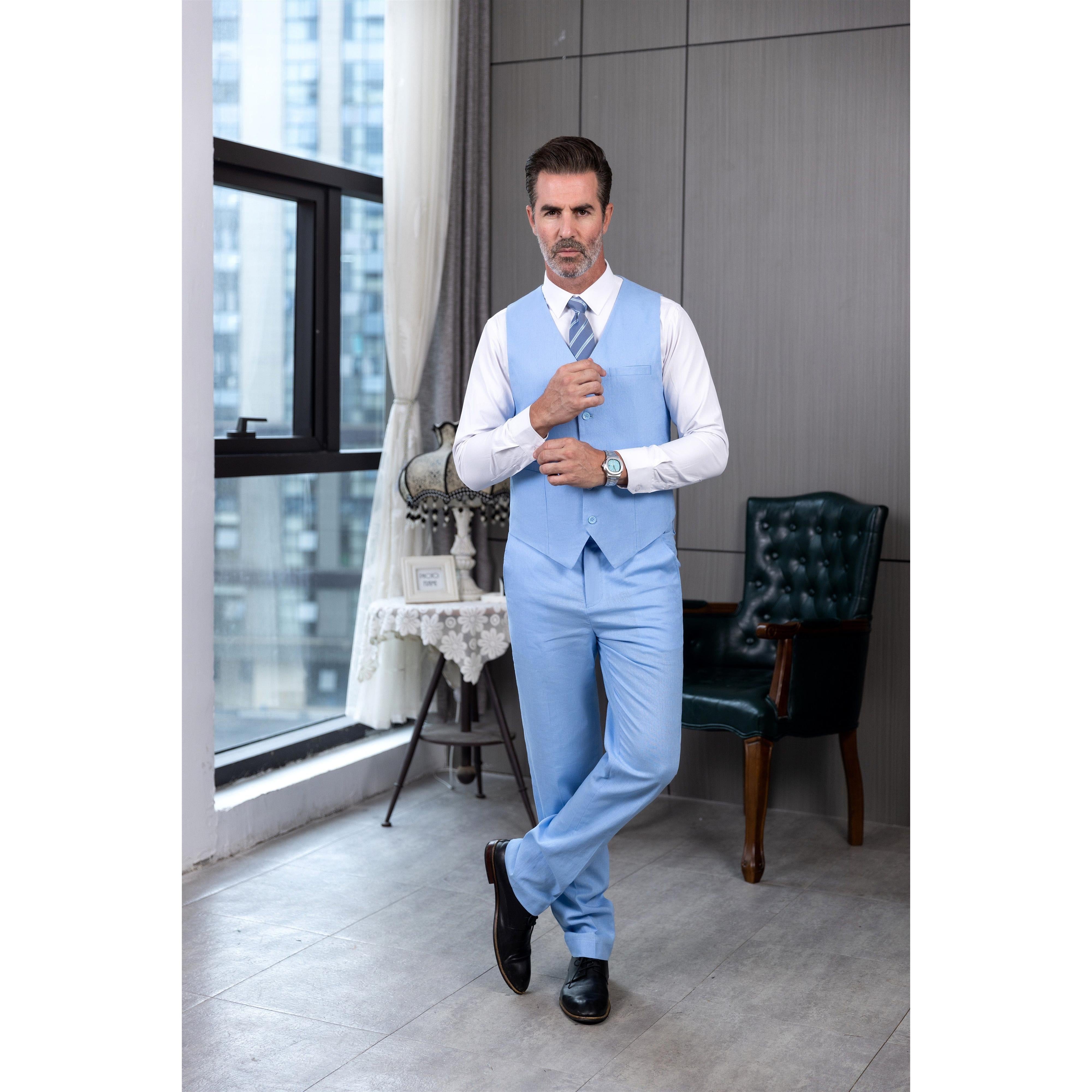 ceehuteey Men's Linen 3 Pieces Regular Fit Notch Lapel Mens Suit
