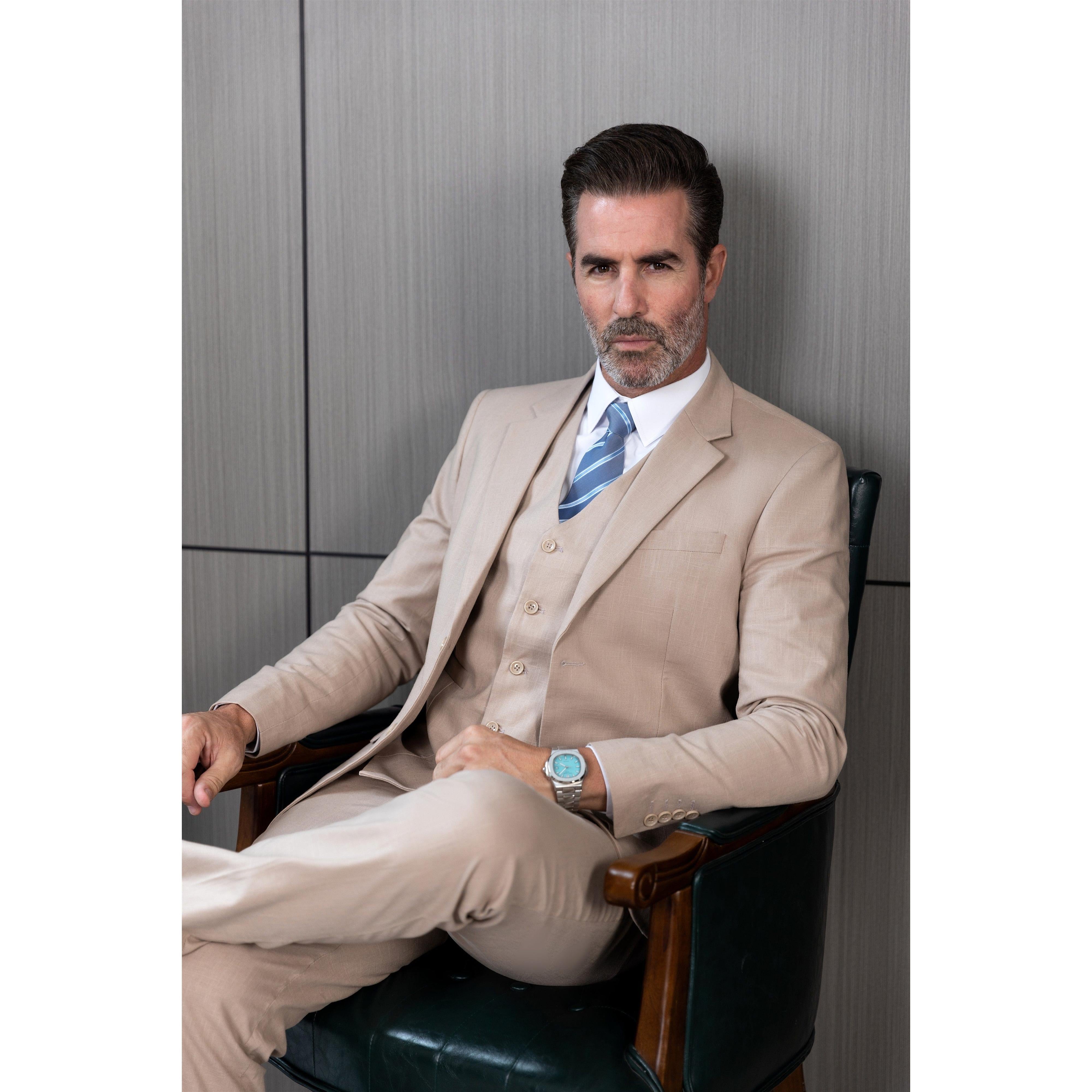 ceehuteey Men's Linen 3 Pieces Regular Fit Notch Lapel Mens Suit(Blazer+Vest+ Pant)