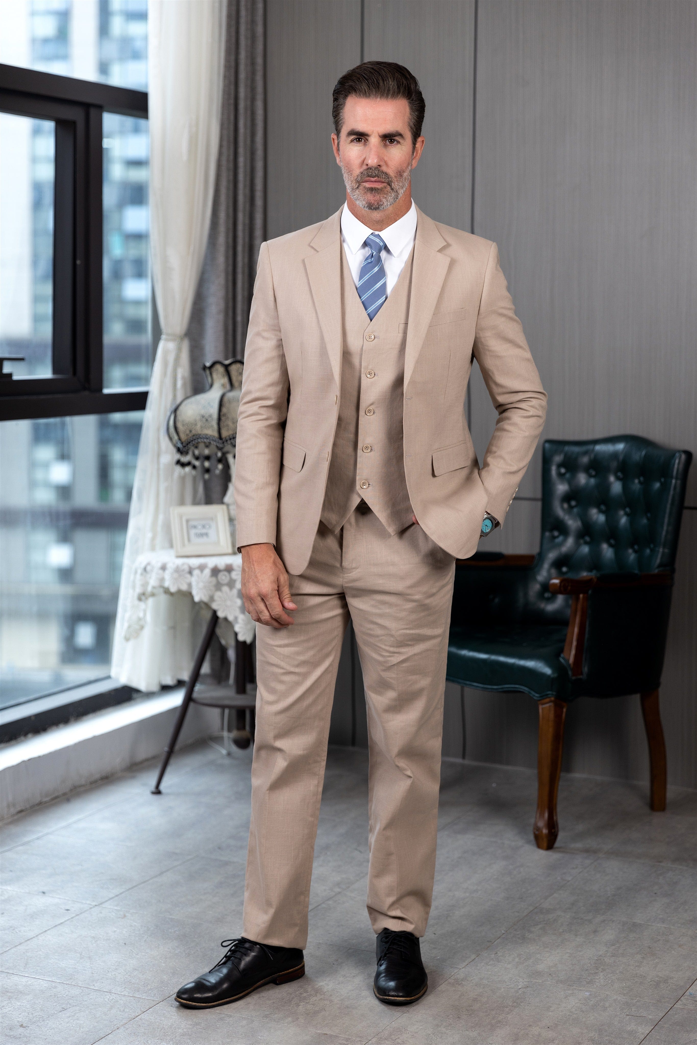 ceehuteey Men's Linen 3 Pieces Regular Fit Notch Lapel Mens Suit(Blazer+Vest+ Pant)