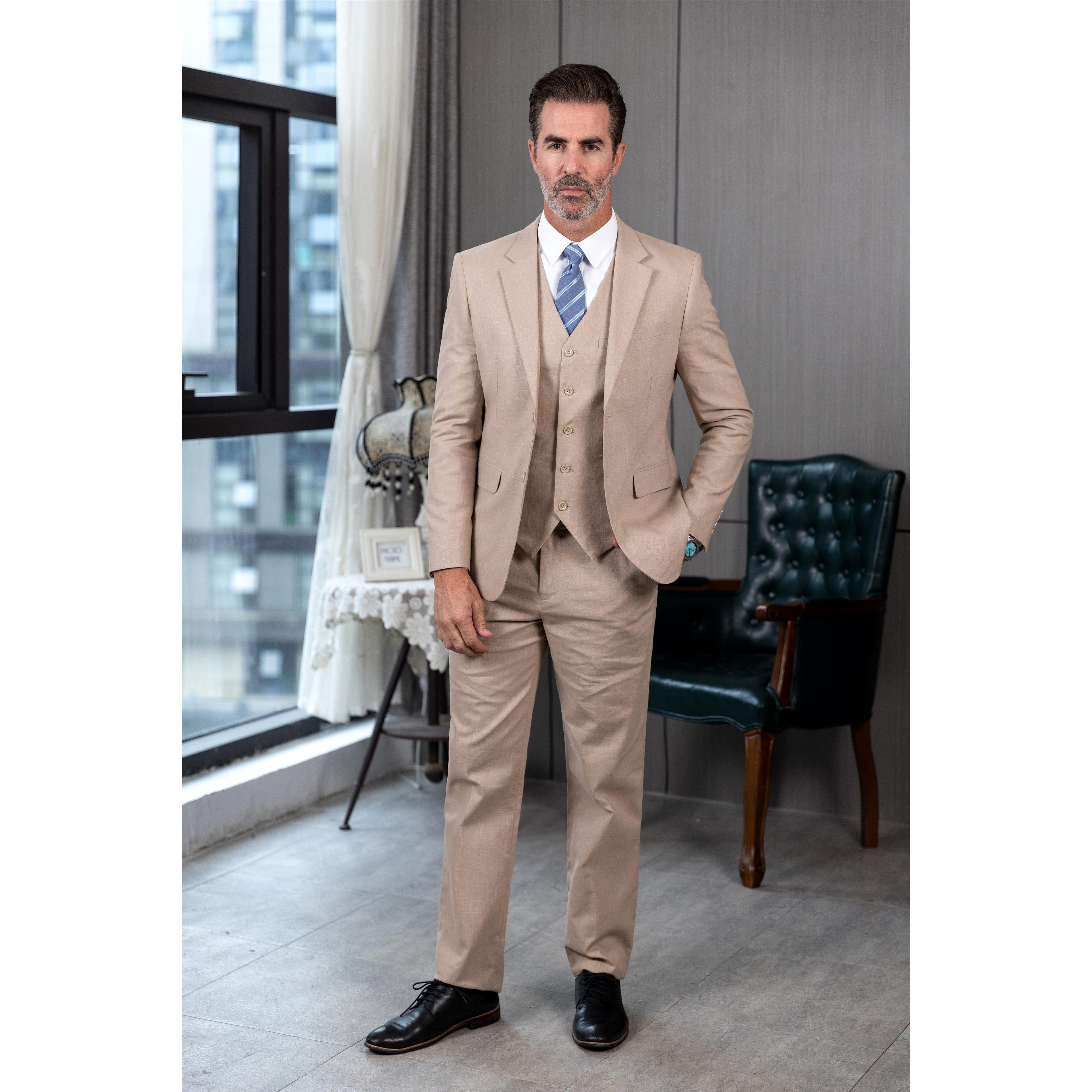 ceehuteey Men's Linen 3 Pieces Regular Fit Notch Lapel Mens Suit(Blazer+Vest+ Pant)