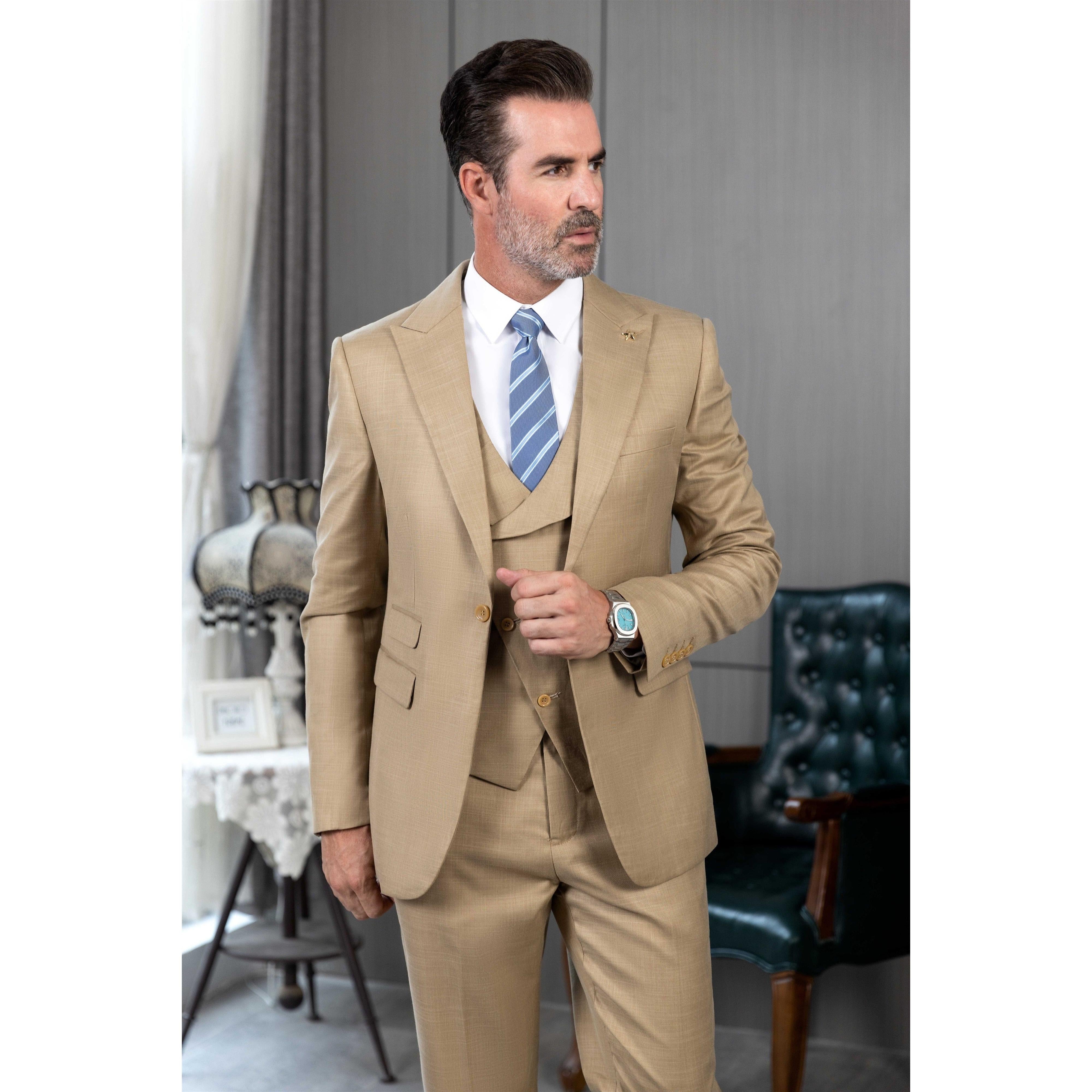 ceehuteey Men's Linen 3 Pieces Regular Fit Peak Lapel Mens Western Tuxedos (Blazer+Vest+ Pant)