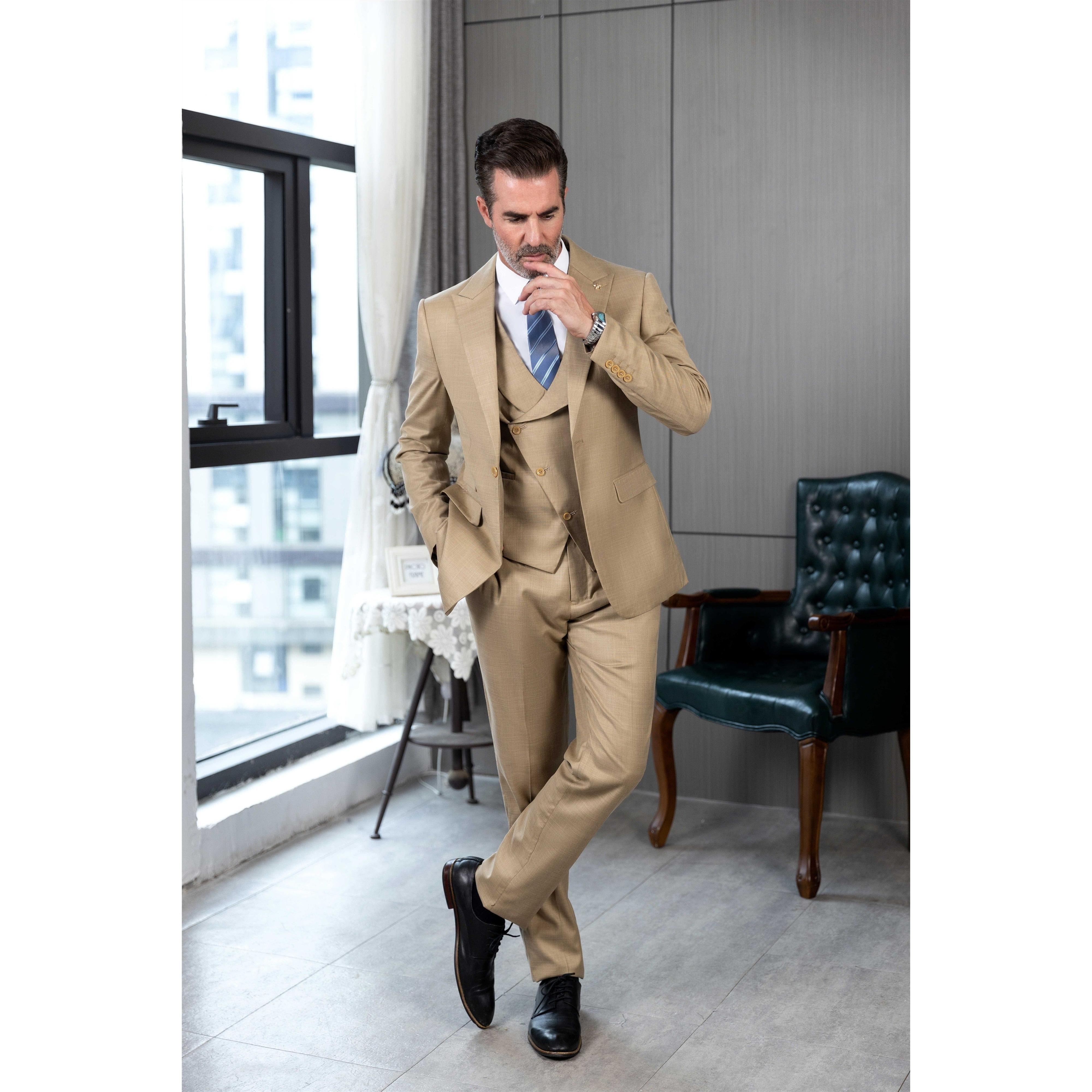 ceehuteey Men's Linen 3 Pieces Regular Fit Peak Lapel Mens Western Tuxedos (Blazer+Vest+ Pant)