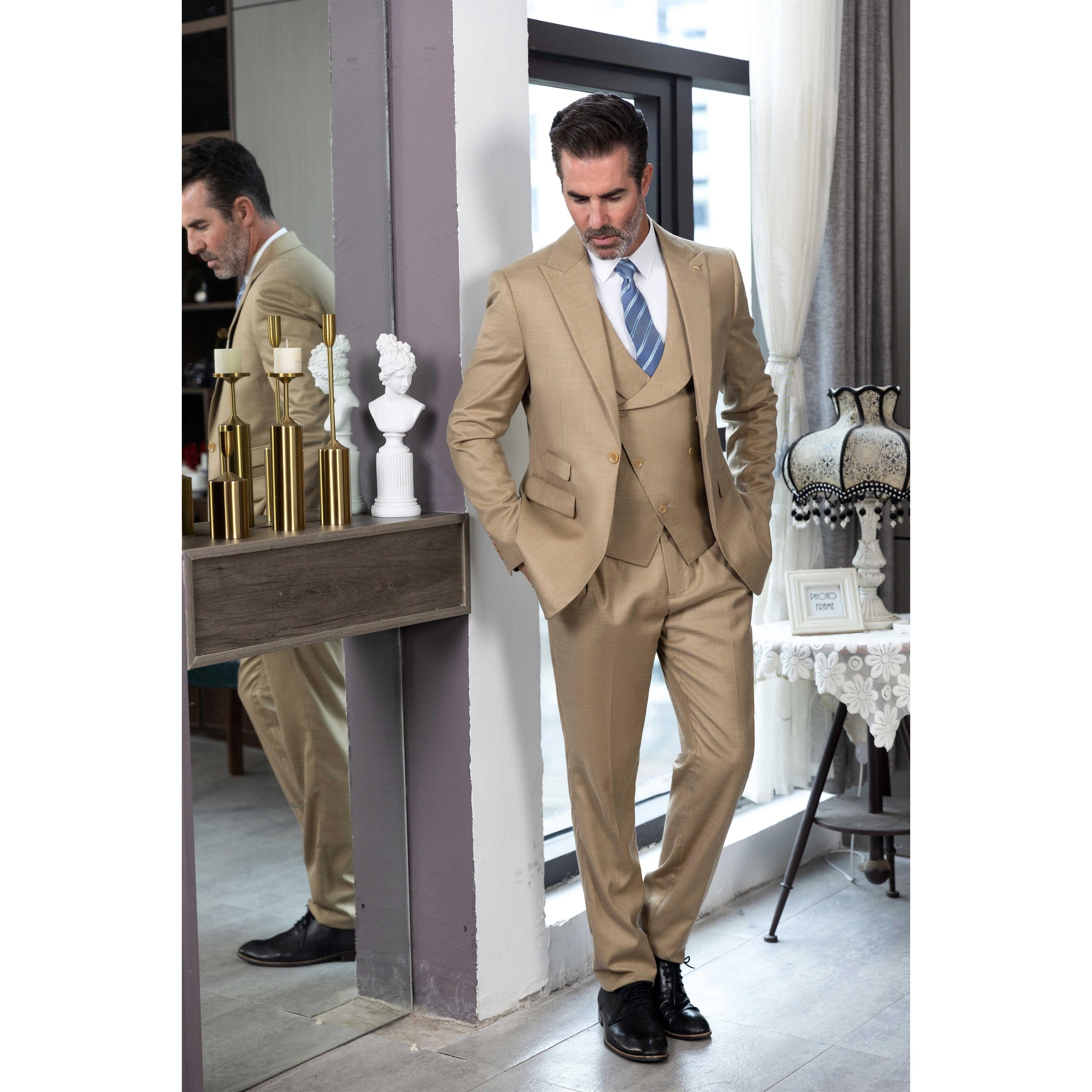 ceehuteey Men's Linen 3 Pieces Regular Fit Peak Lapel Mens Western Tuxedos (Blazer+Vest+ Pant)