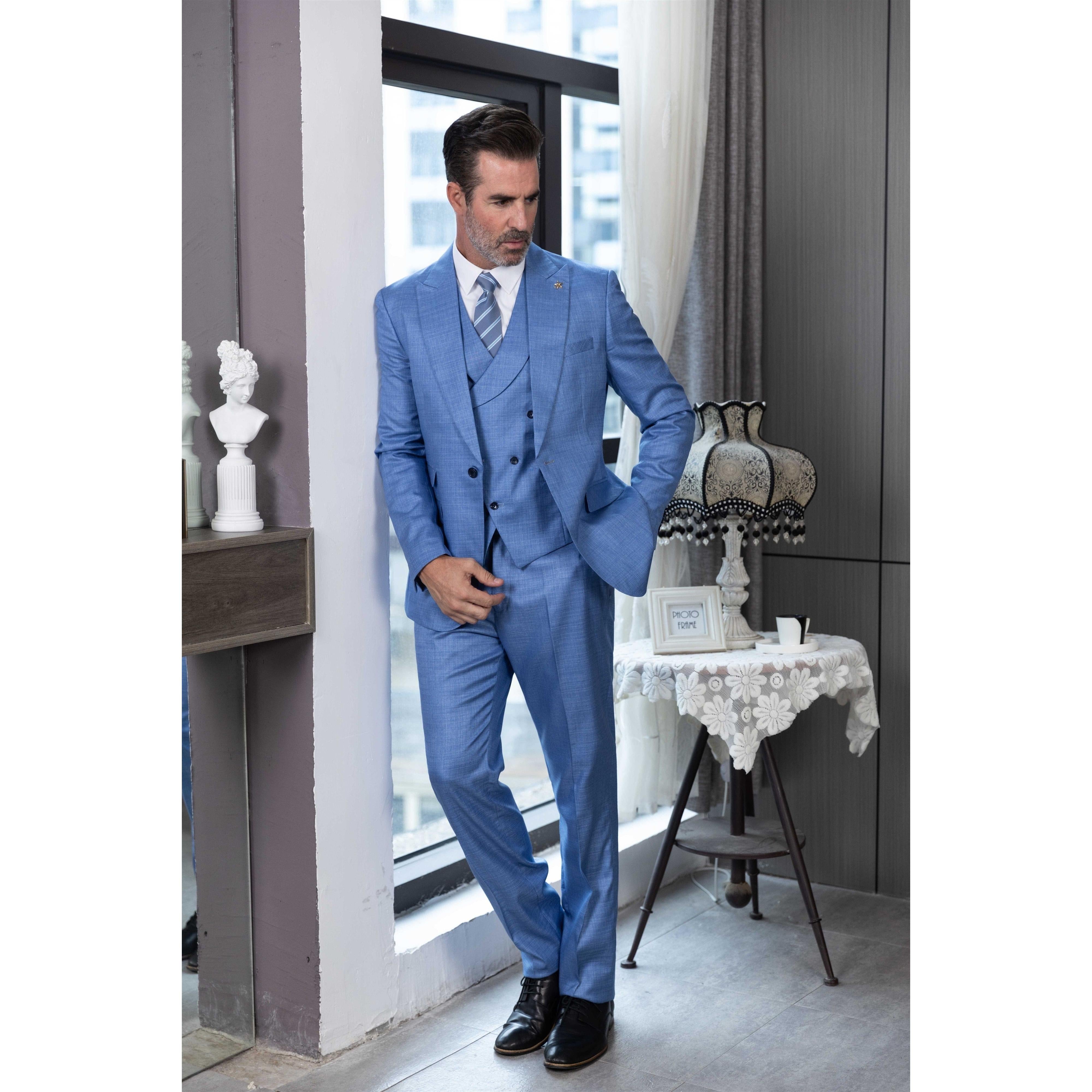 ceehuteey Men's Linen 3 Pieces Regular Fit Peak Lapel Western Mens Suit(Blazer+Vest+ Pant)