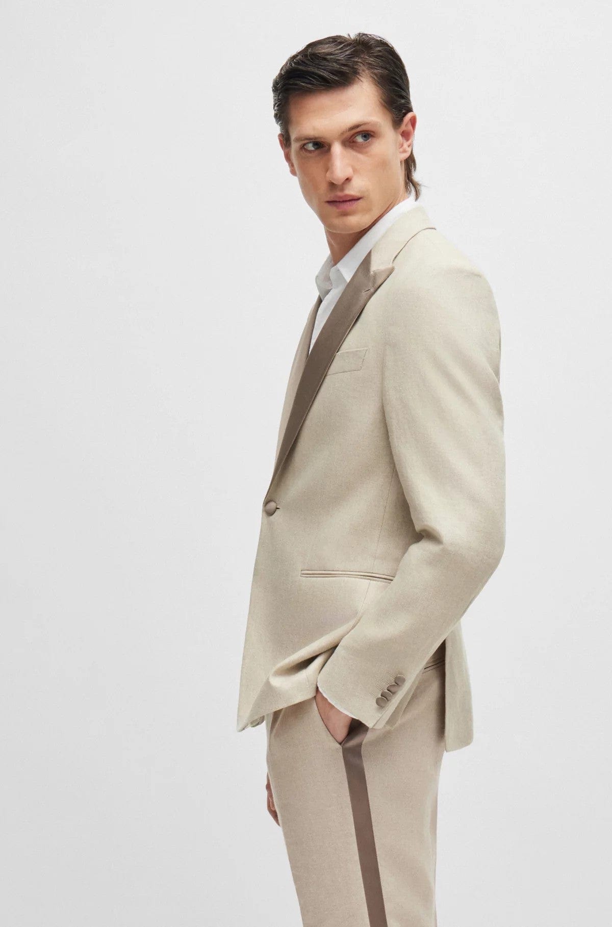 ceehuteey Men's Linen Regular Dress Style Peak lapel Two-Pieces Tuxedo Suit (Blazer+Pants)