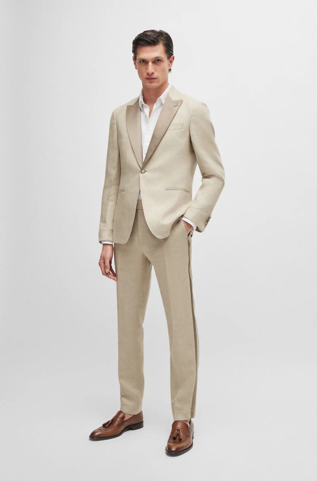 ceehuteey Men's Linen Regular Dress Style Peak lapel Two-Pieces Tuxedo Suit (Blazer+Pants)