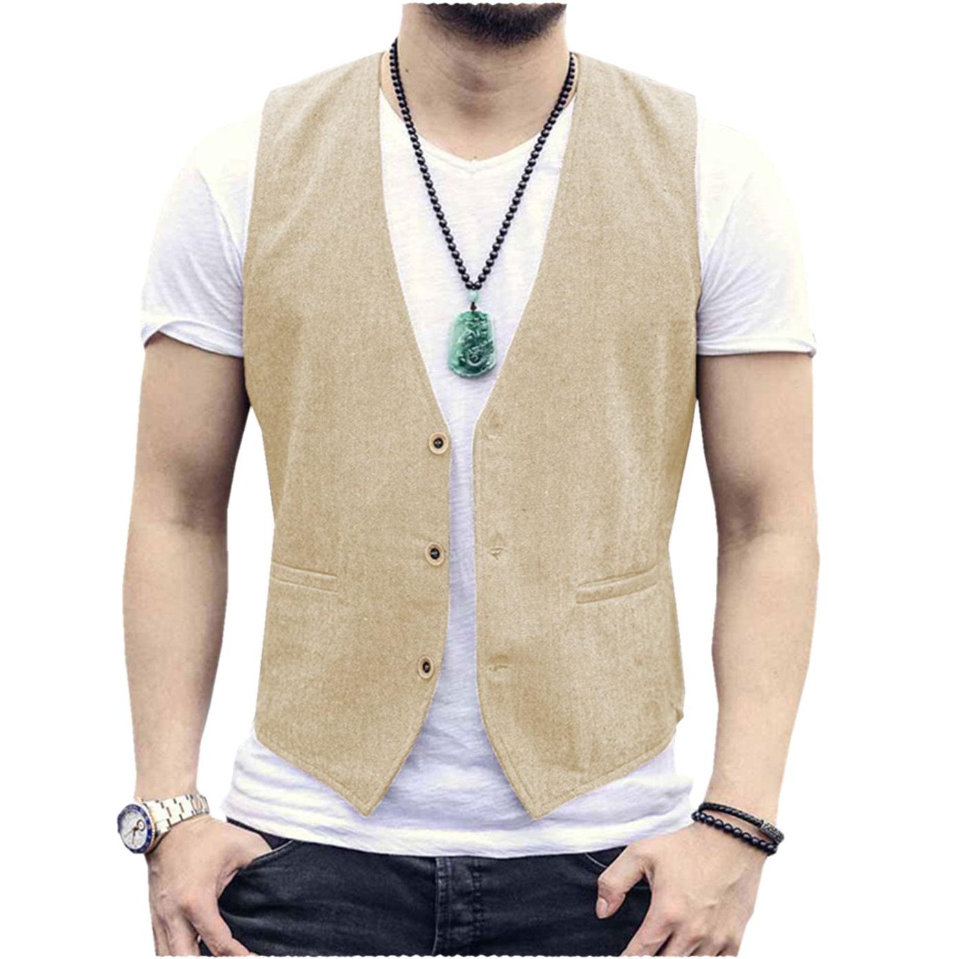 ceehuteey Men's Linen V Neck Casual Summer Waistcoat