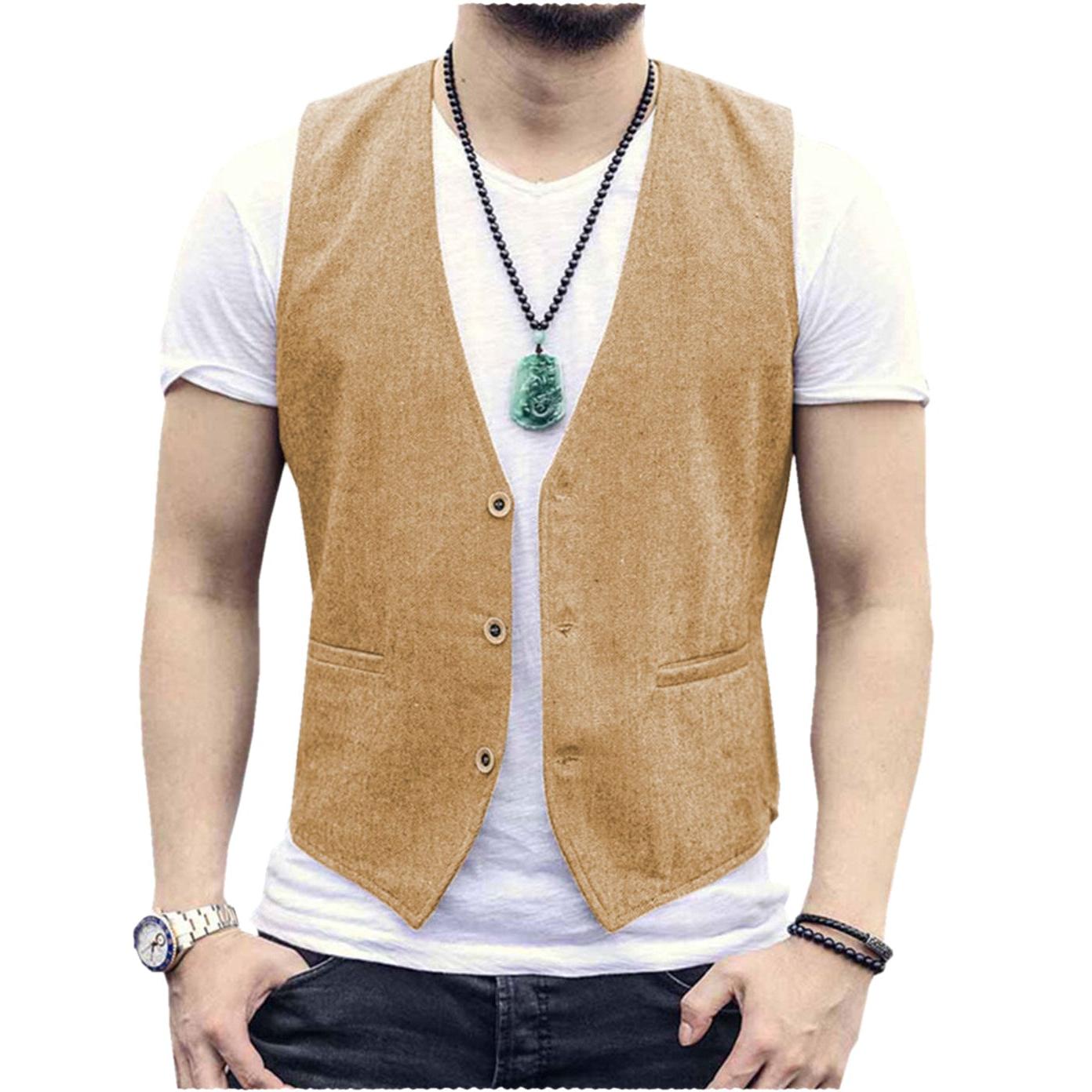 ceehuteey Men's Linen V Neck Casual Summer Waistcoat