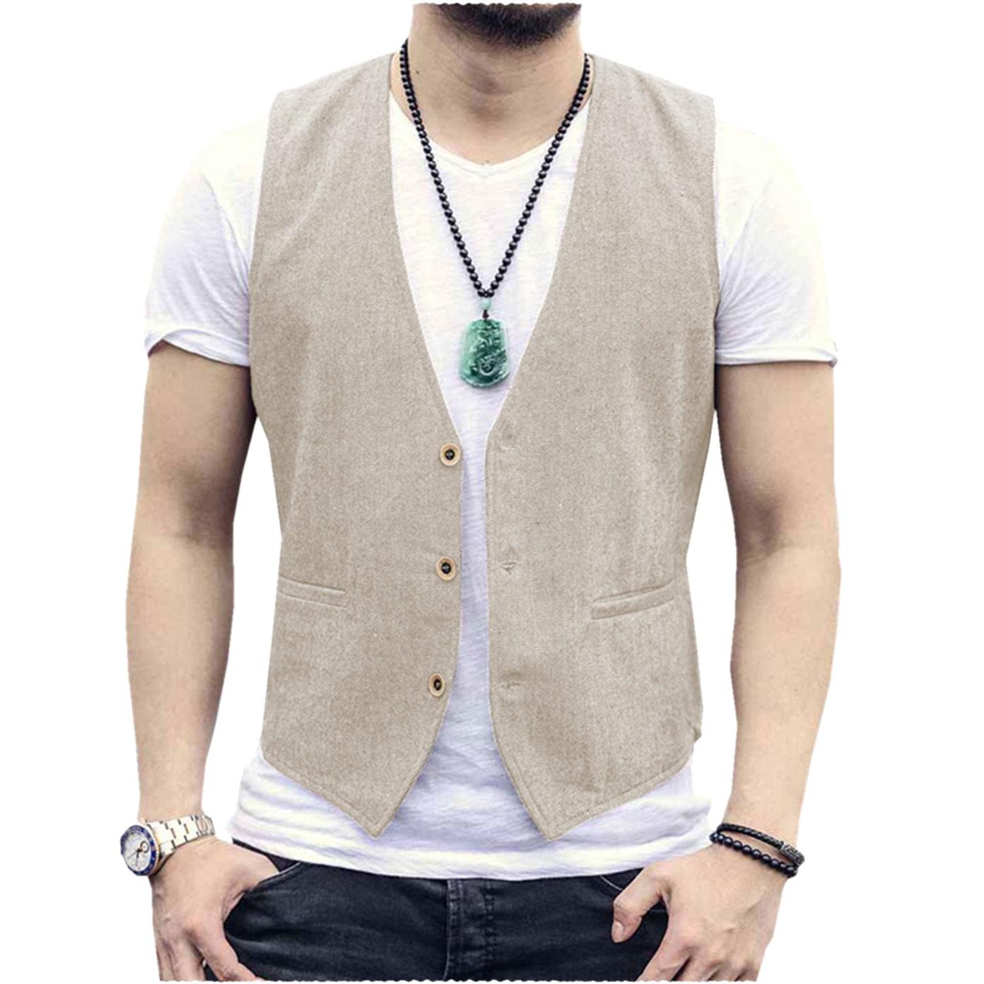 ceehuteey Men's Linen V Neck Casual Summer Waistcoat
