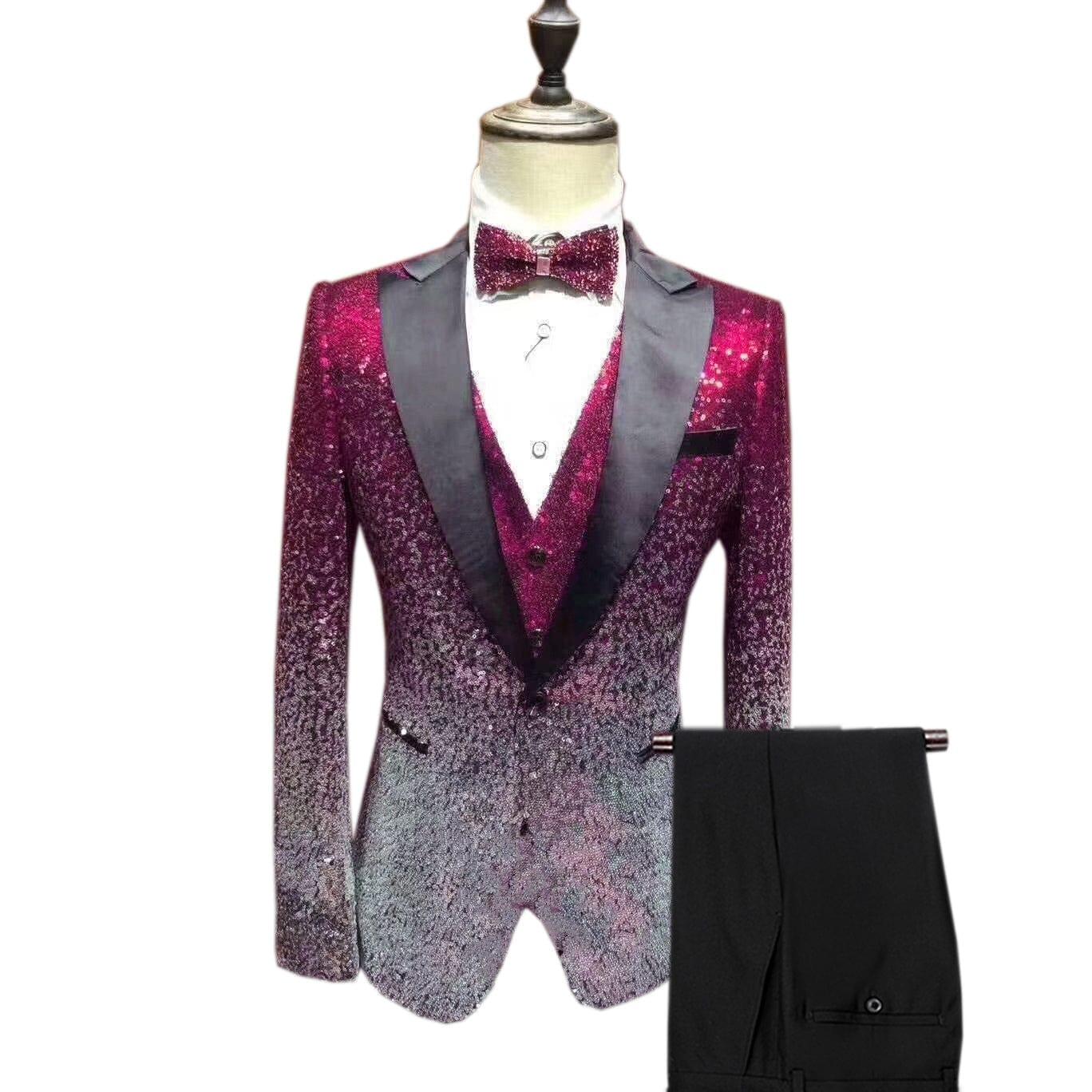ceehuteey Men's Shiny Sequins 3 Piece Suit Blazer One Button Wedding Prom Tuxedo (Blazer + Vest + Pants)