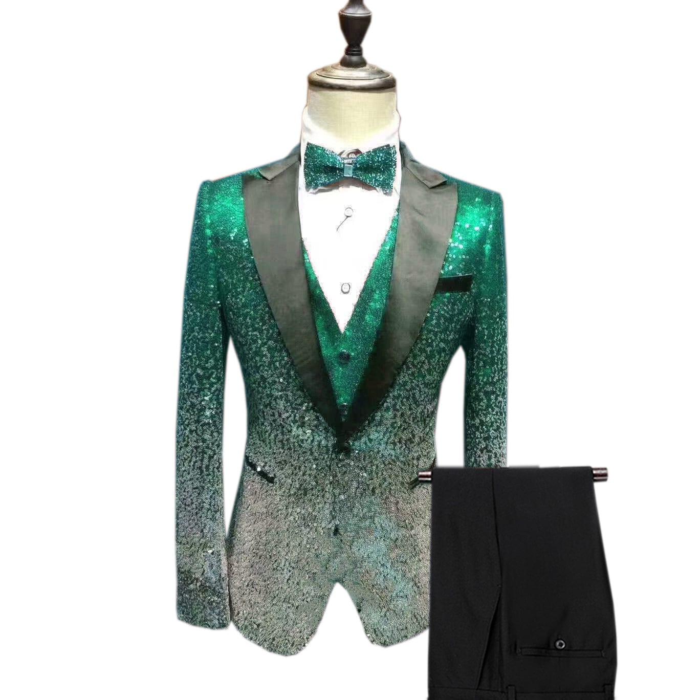 ceehuteey Men's Shiny Sequins 3 Piece Suit Blazer One Button Wedding Prom Tuxedo (Blazer + Vest + Pants)