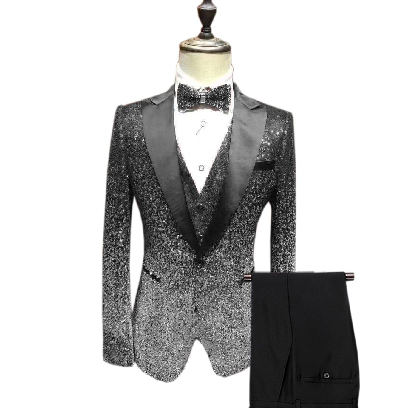 ceehuteey Men's Shiny Sequins 3 Piece Suit Blazer One Button Wedding Prom Tuxedo (Blazer + Vest + Pants)