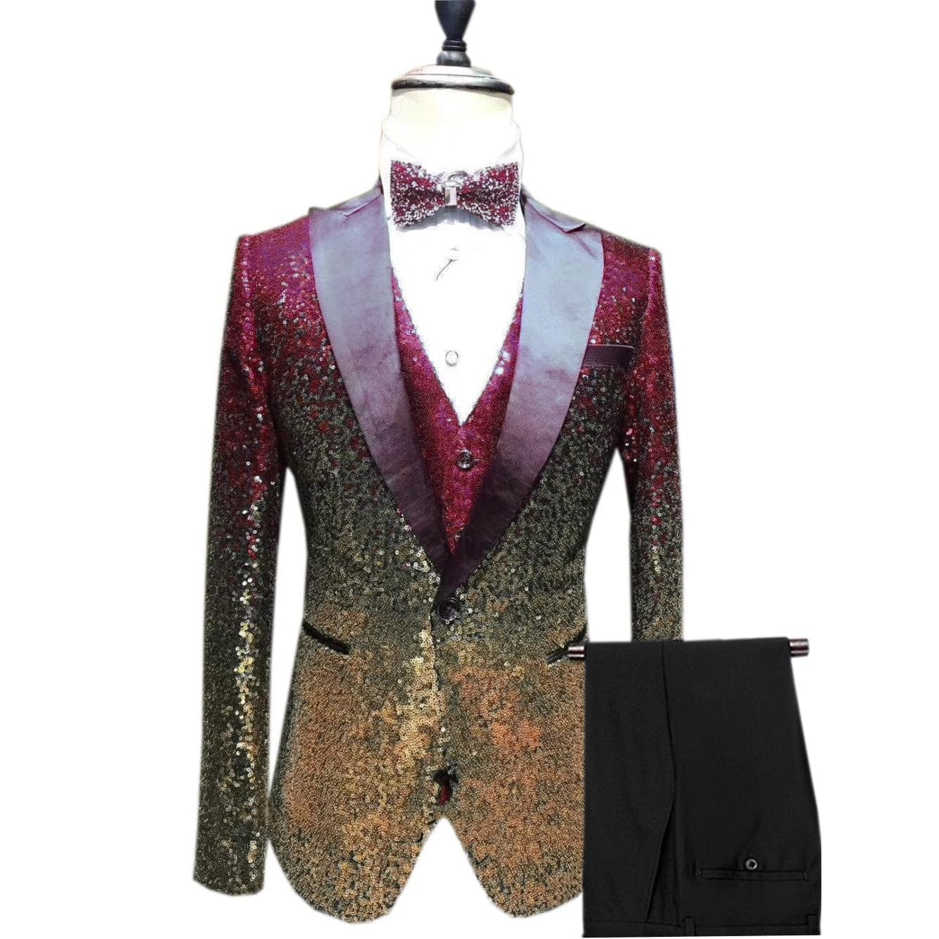 ceehuteey Men's Shiny Sequins 3 Piece Suit Blazer One Button Wedding Prom Tuxedo (Blazer + Vest + Pants)