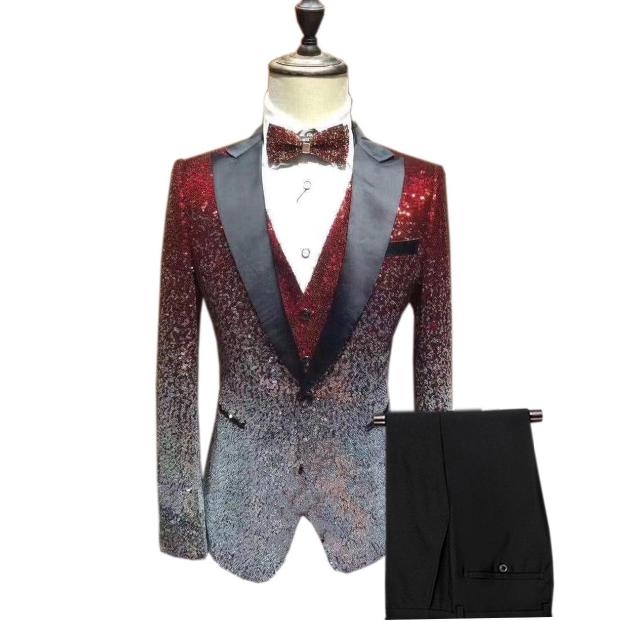ceehuteey Men's Shiny Sequins 3 Piece Suit Blazer One Button Wedding Prom Tuxedo (Blazer + Vest + Pants)