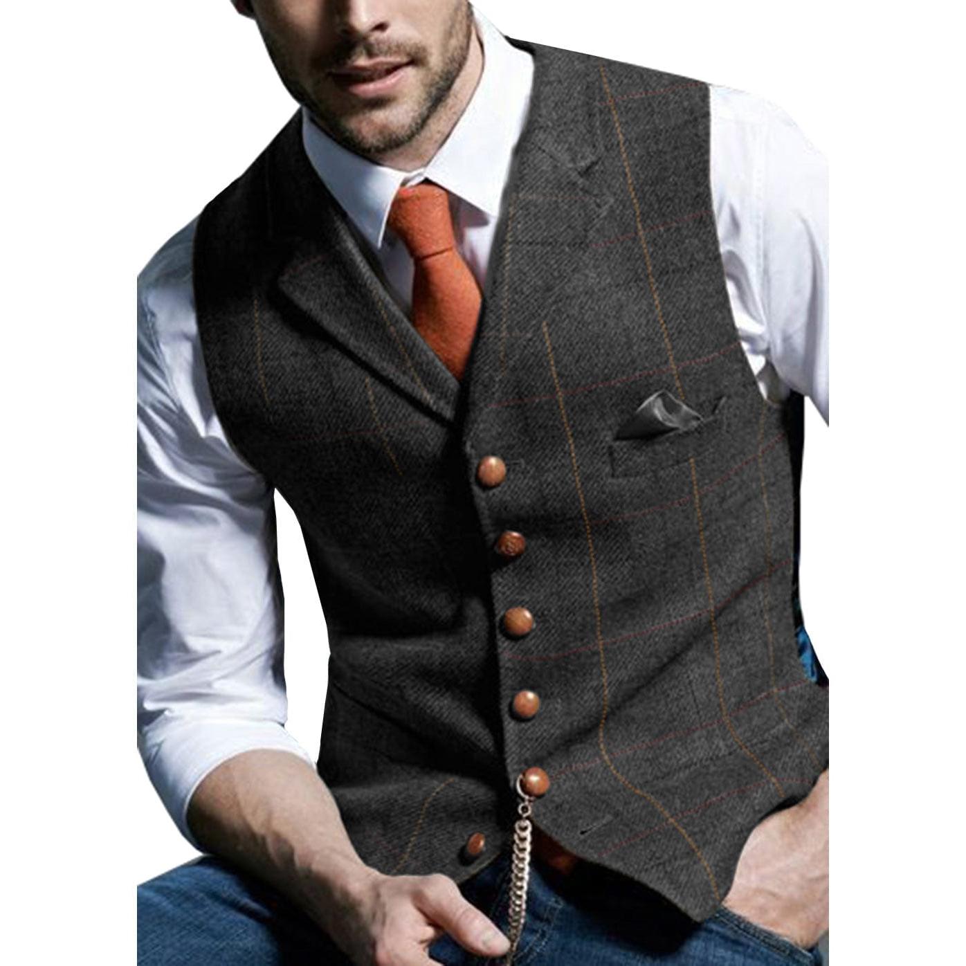 ceehuteey Men's Slim Fit Plaid Casual Notch Lapel Waistcoat