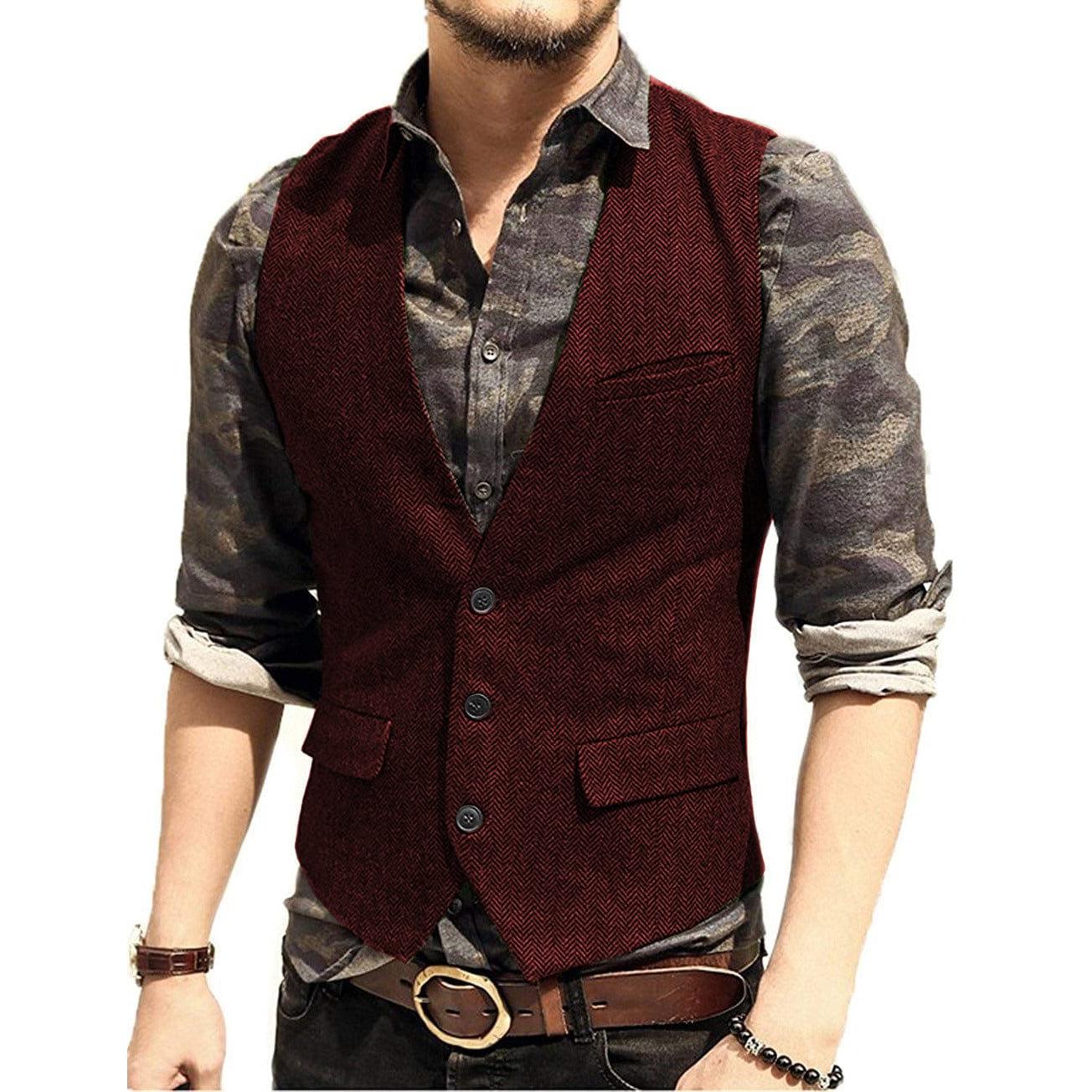 ceehuteey Men's Slim Fit Solid Herringbone V Neck Waistcoat